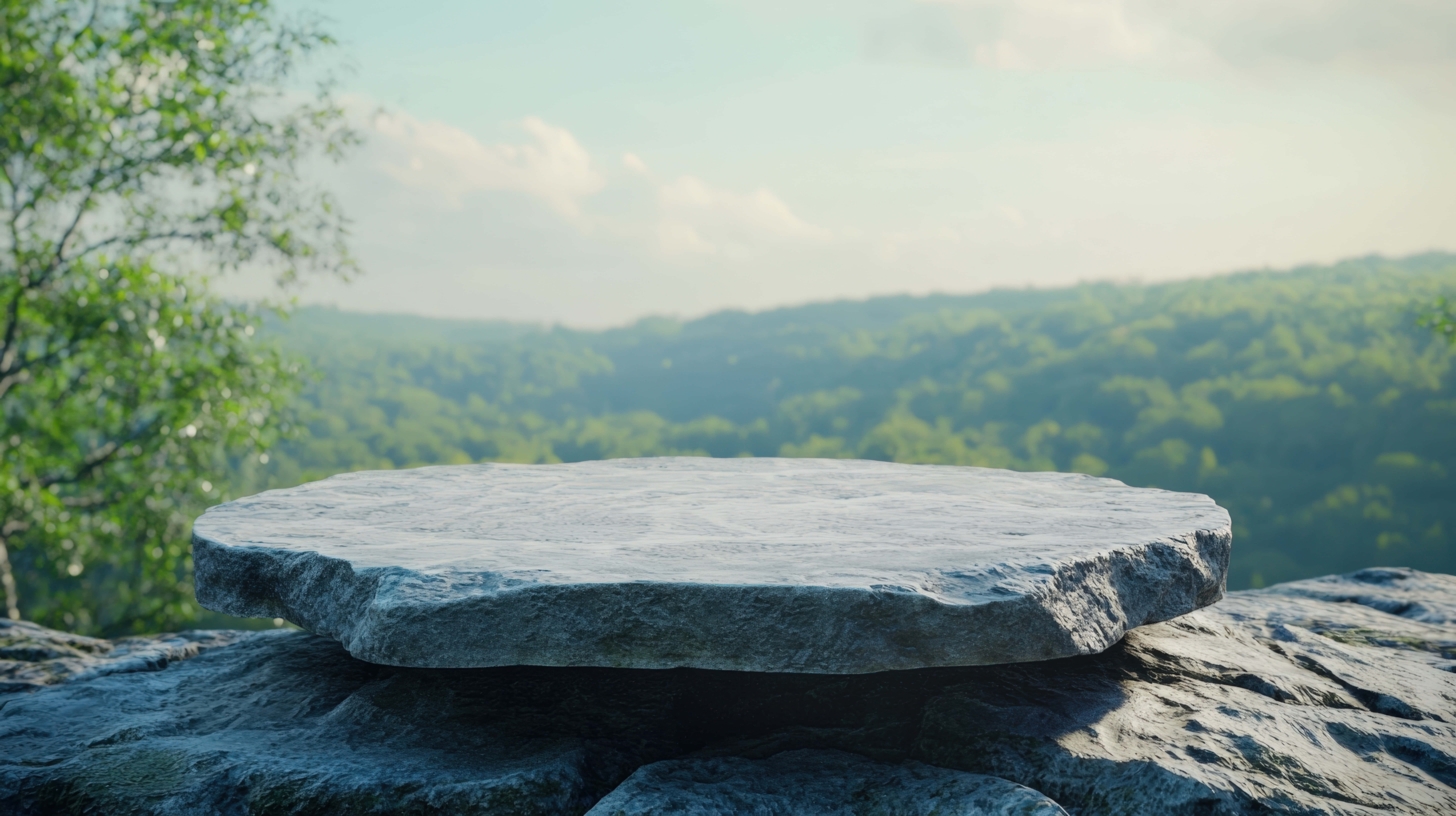 large round stone platform, lush green valley, smooth gray stone slab, 8K Desktop Wallpaper