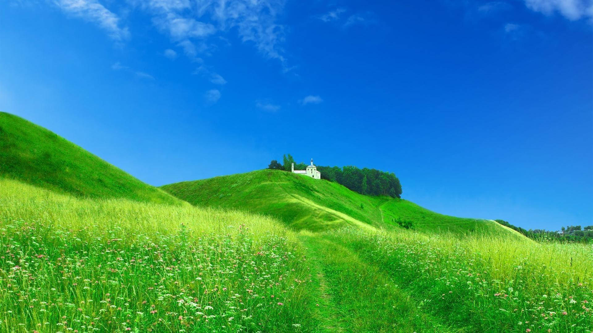 Green Hill, white church, winding path, Full HD Desktop Wallpaper
