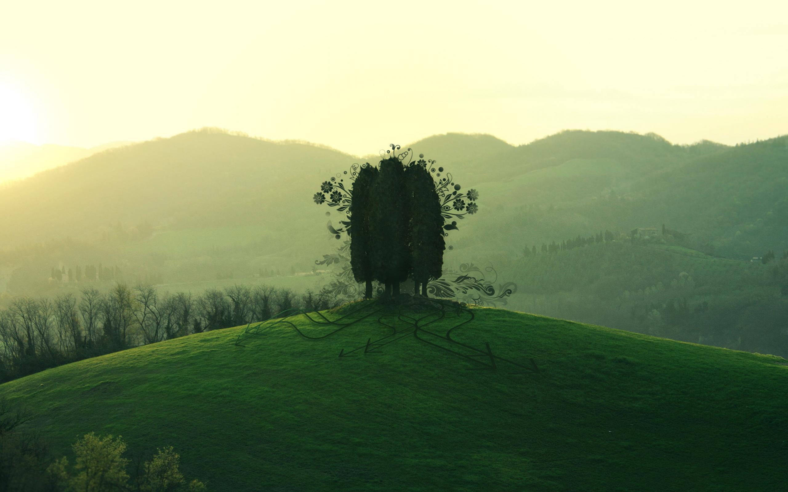 Green Hill, stylized tree, swirling branches, 2K Desktop Wallpaper