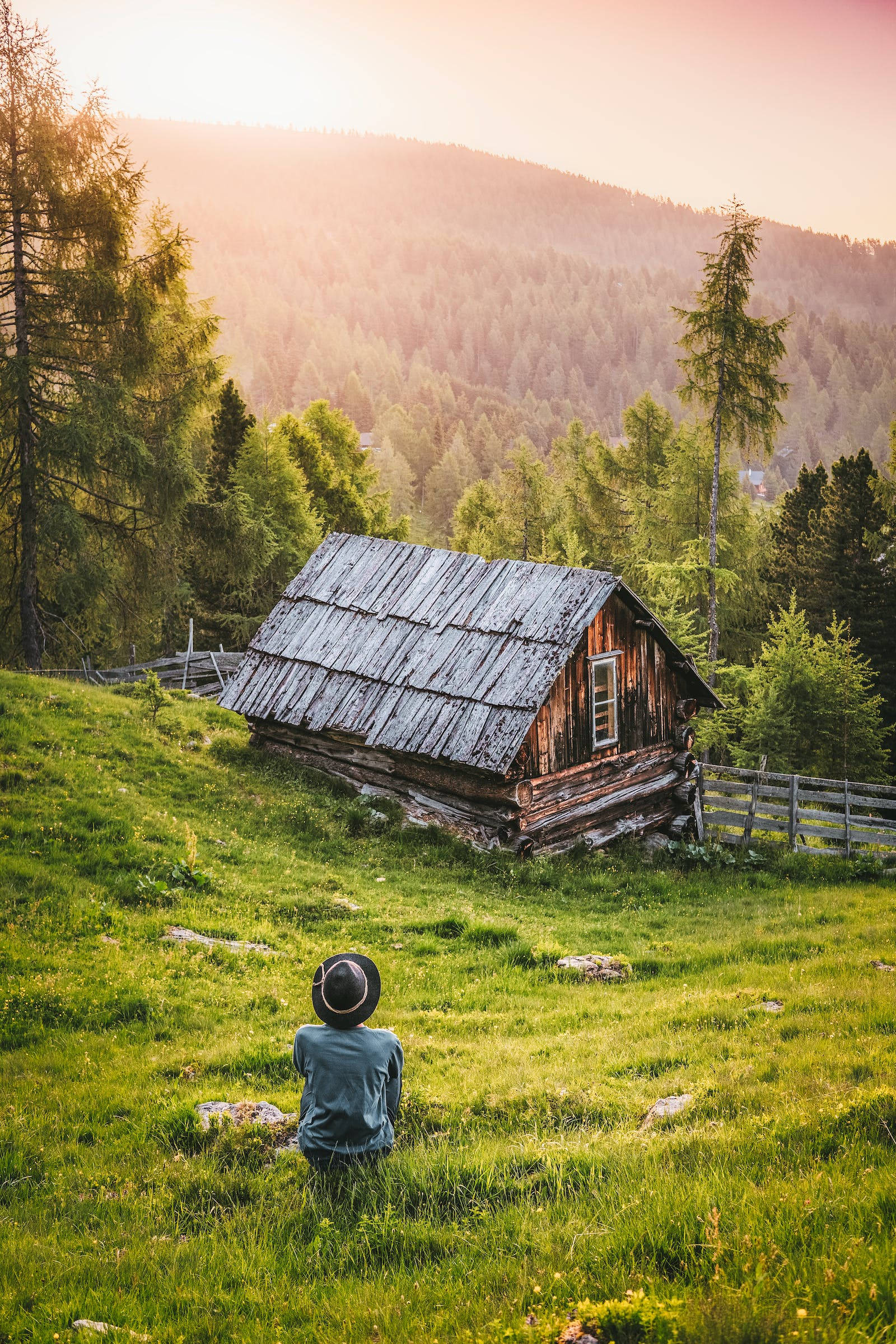 Green iPhone, mountain cabin, forest, Full HD Phone Wallpaper