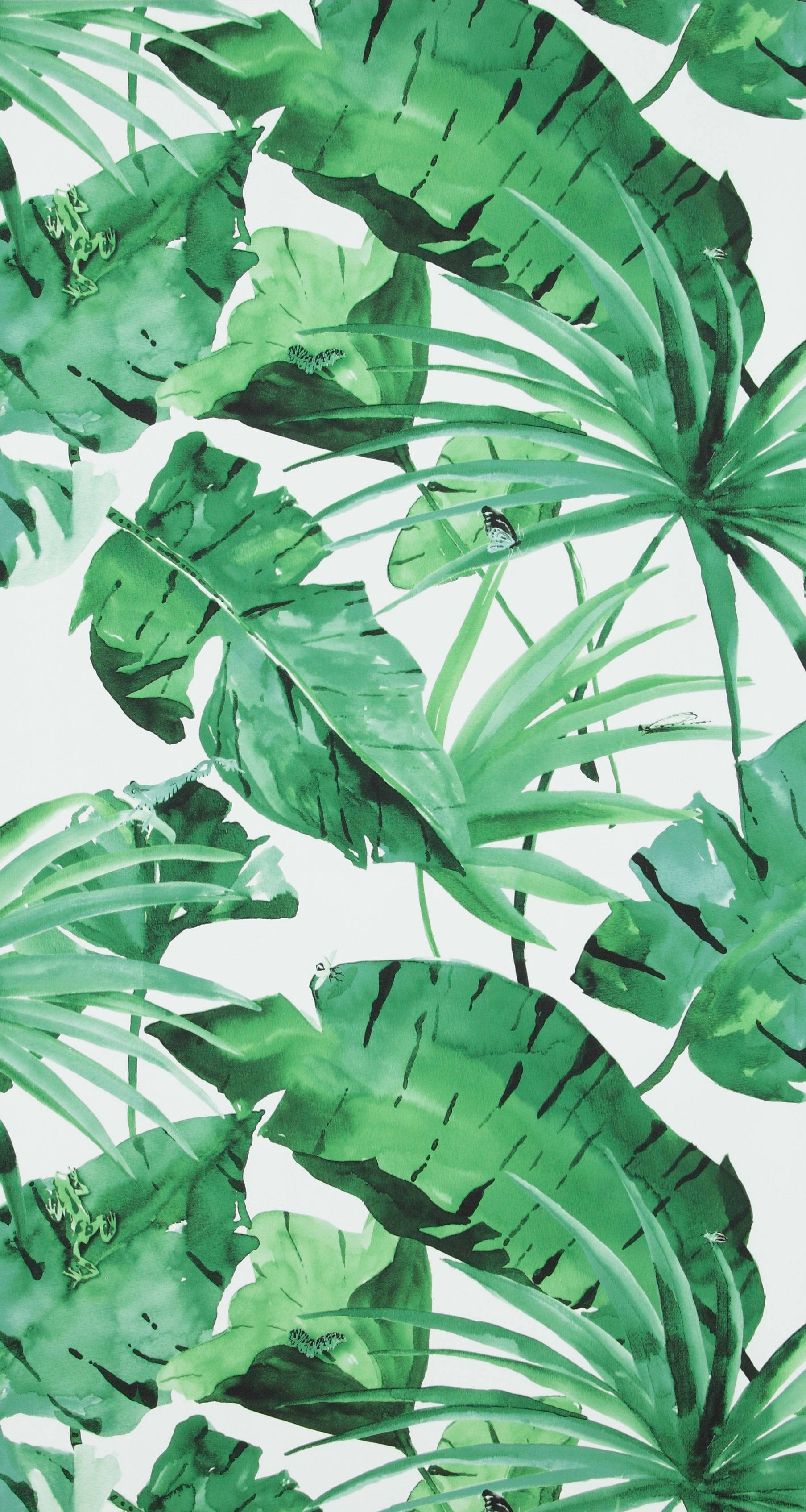 jungle green leaves, vibrant watercolor tropical leaves, varying shades of green, 2K Phone Wallpaper