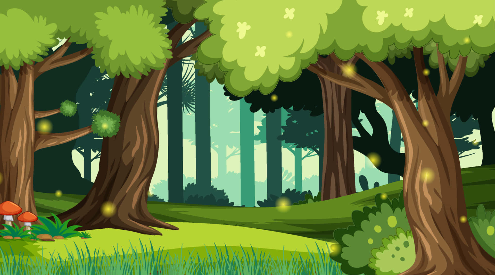 vibrant green jungle, glowing fireflies, lush green trees, Full HD Desktop Wallpaper