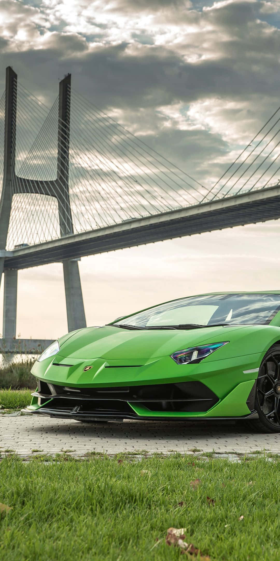 Green Lamborghini, sports car, grassy area, Full HD Phone Wallpaper