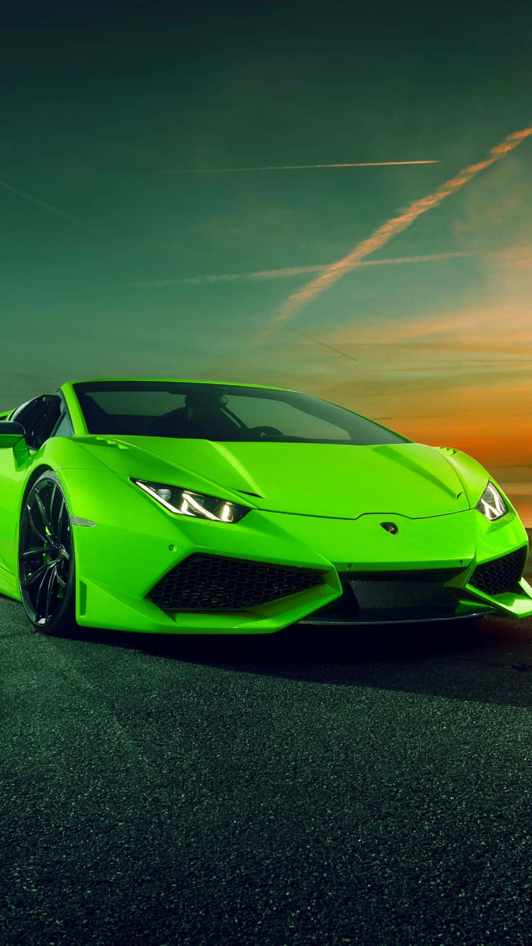 Lamborghini, lime green, sunset sky, Full HD Phone Wallpaper