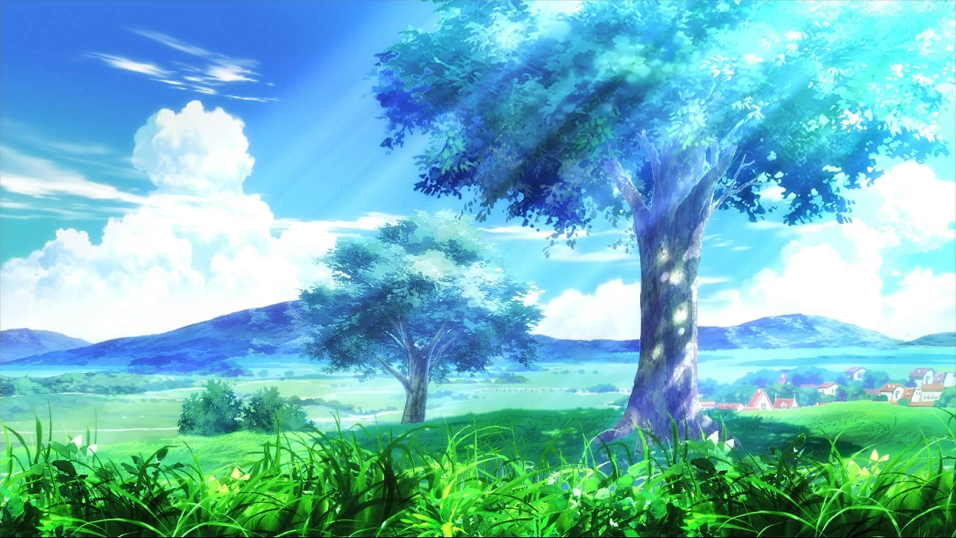 green anime aesthetic, majestic tree, glowing blue leaves, Full HD Desktop Wallpaper