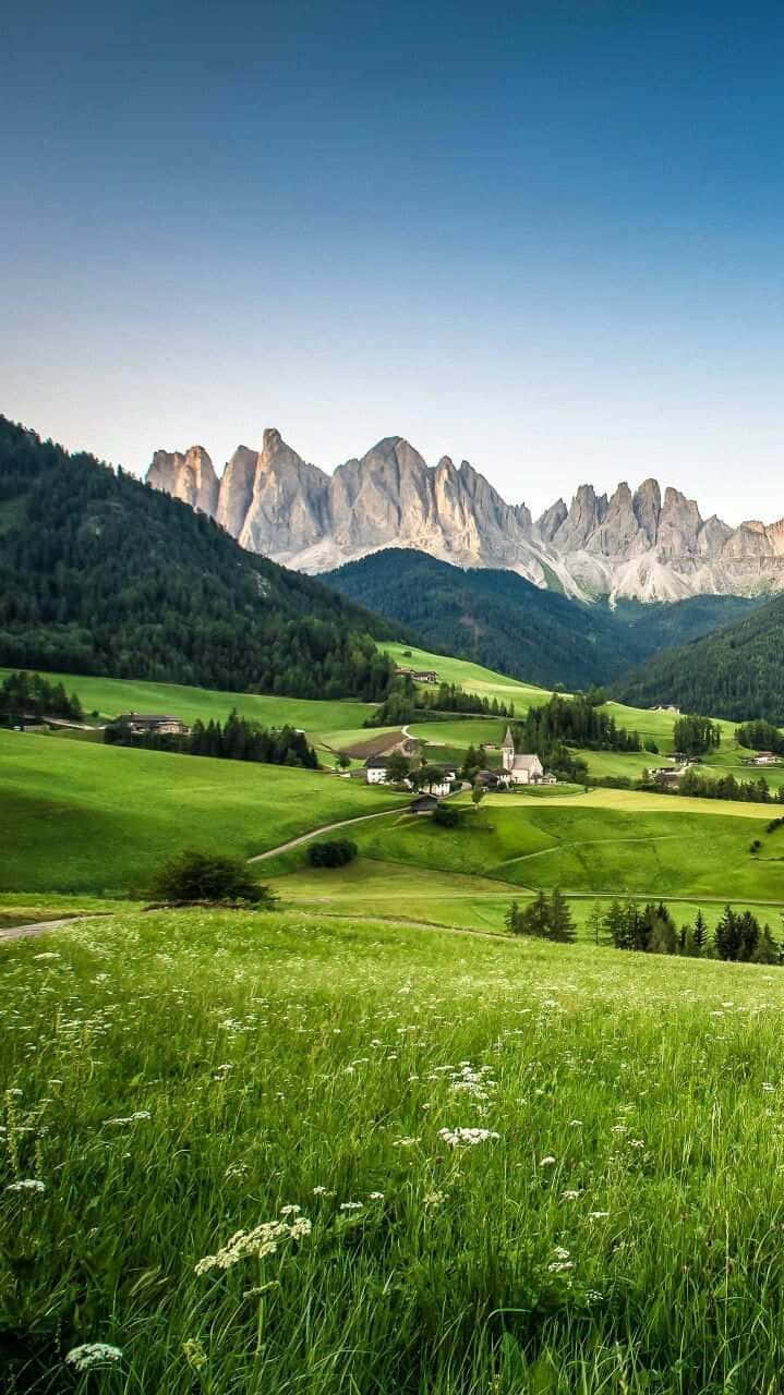green field, mountains, alpine valley, HD Phone Wallpaper
