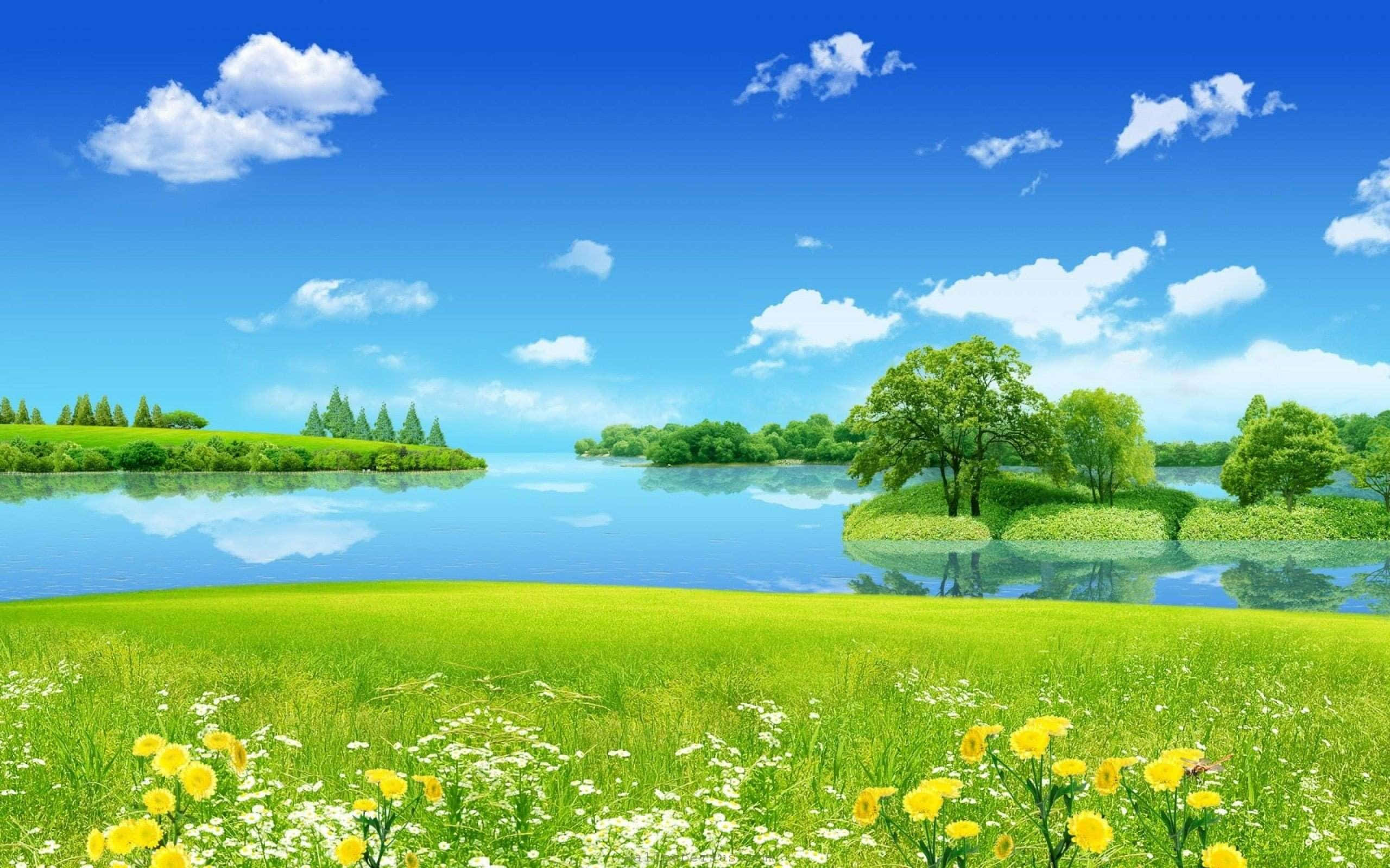 vibrant green meadow, yellow and white wildflowers, calm blue lake, 2K Desktop Wallpaper