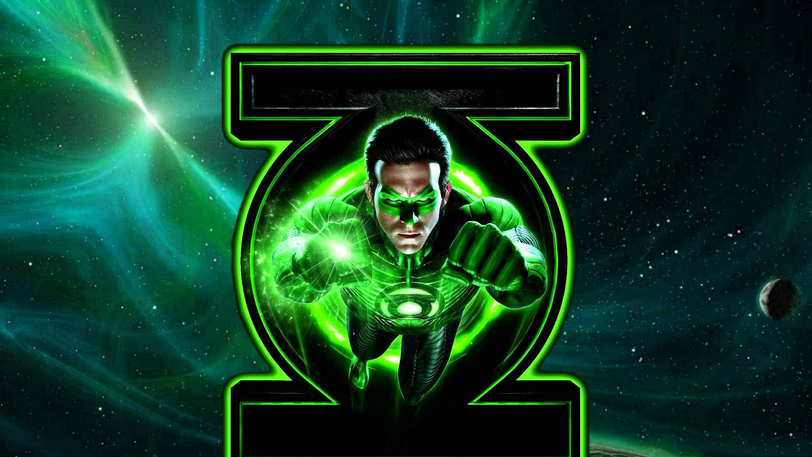 Green Lantern, glowing green emblem, cosmic starfield, HD Desktop Wallpaper