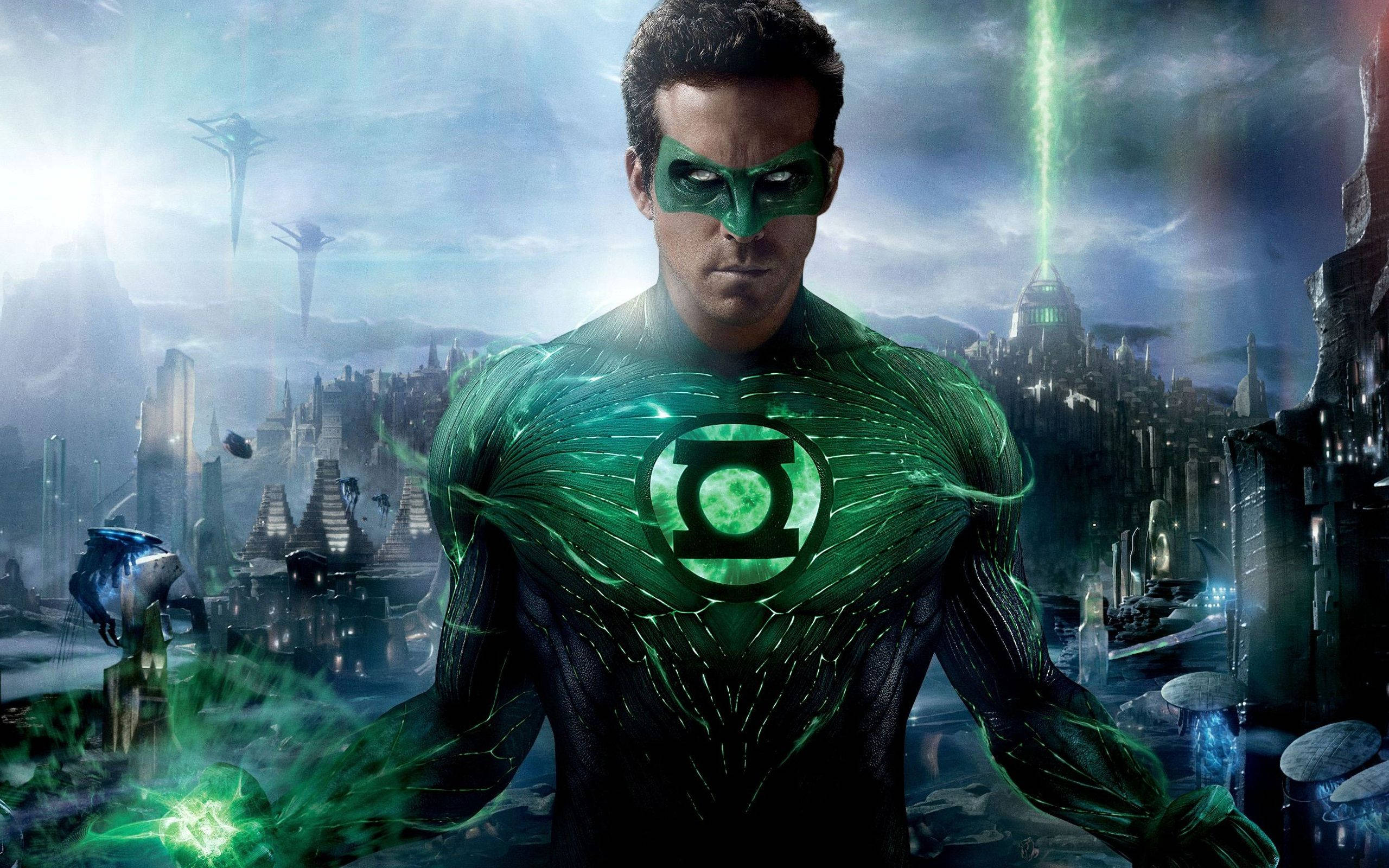 Green Lantern, planet Oa, futuristic cityscape, 2K Desktop Wallpaper