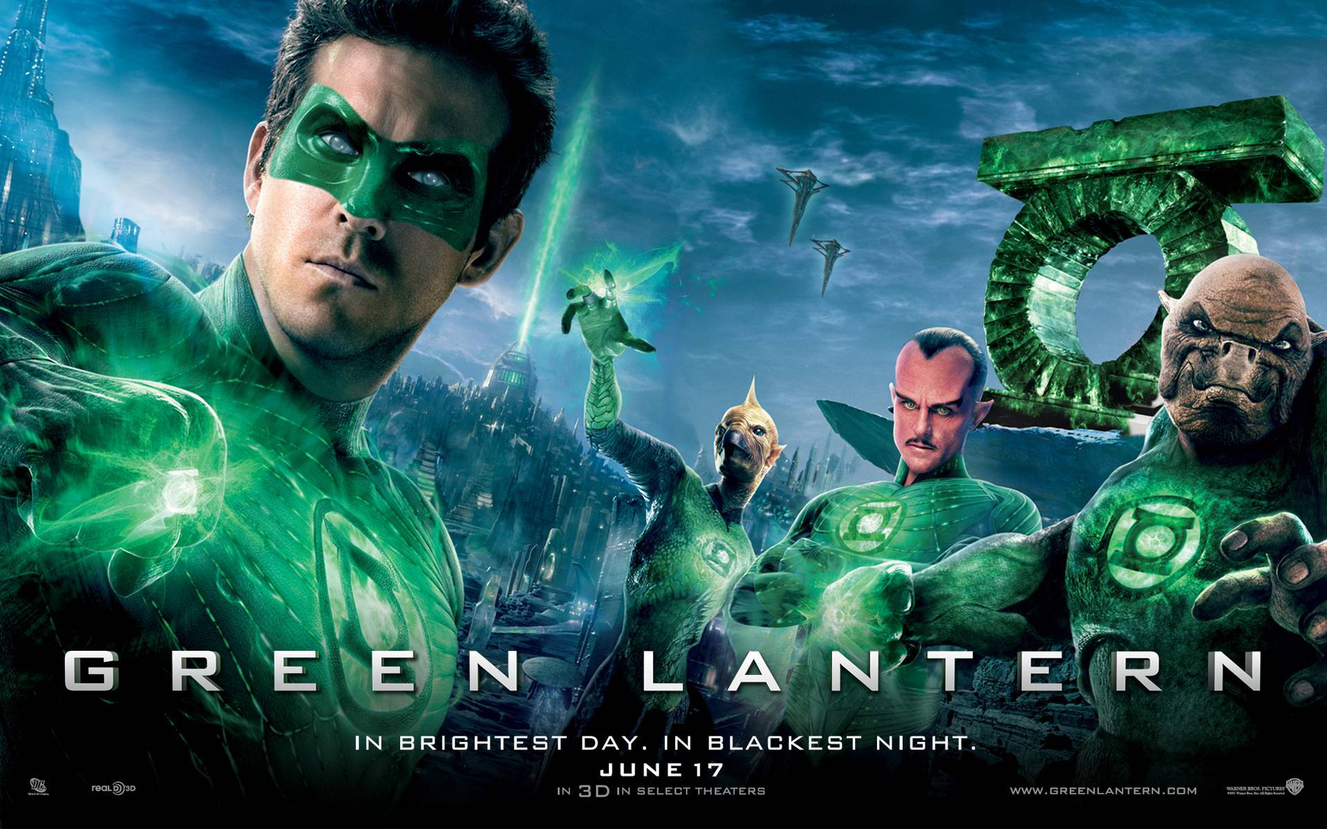 Green Lantern, glowing green suits, dark futuristic cityscape, Full HD Desktop Wallpaper