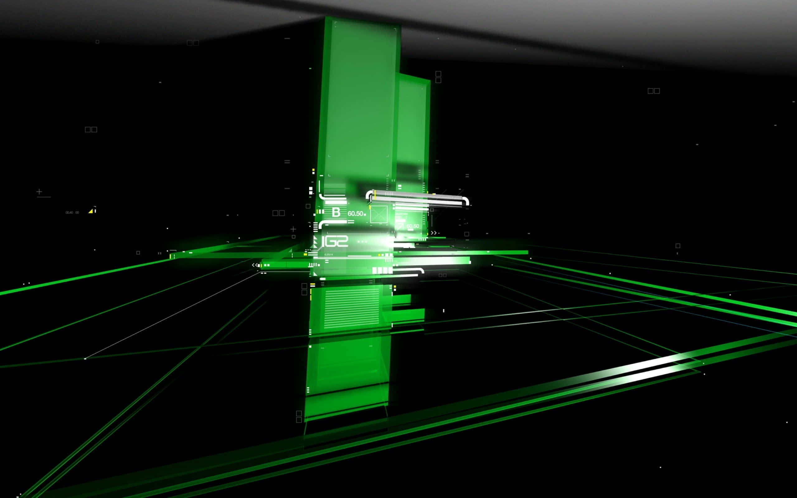 Green LED, glowing green digital interface, floating data bars, 2K Desktop Wallpaper