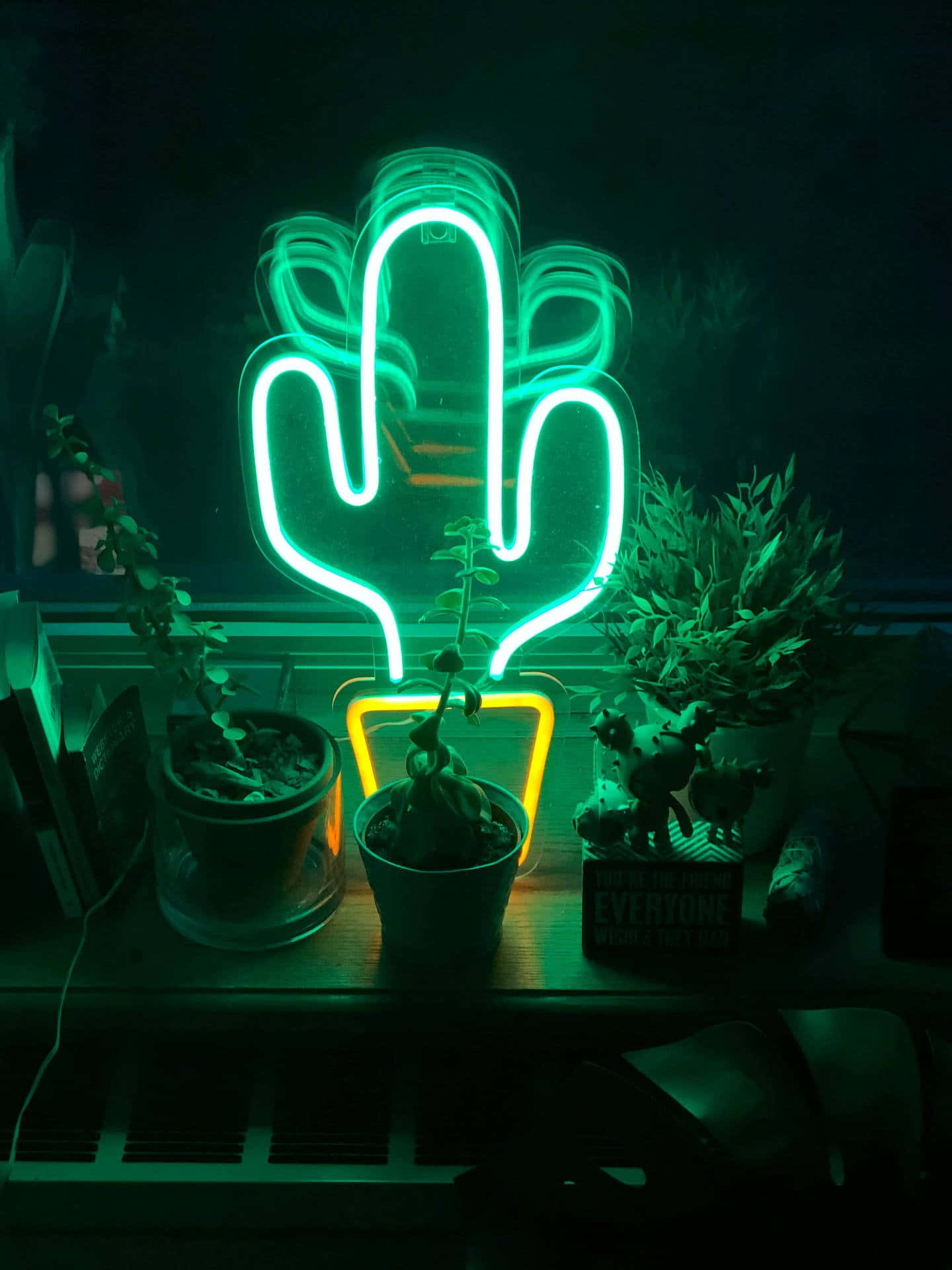 Green LED Lights, glowing green neon cactus lamp, dark shelf, Full HD Phone Wallpaper