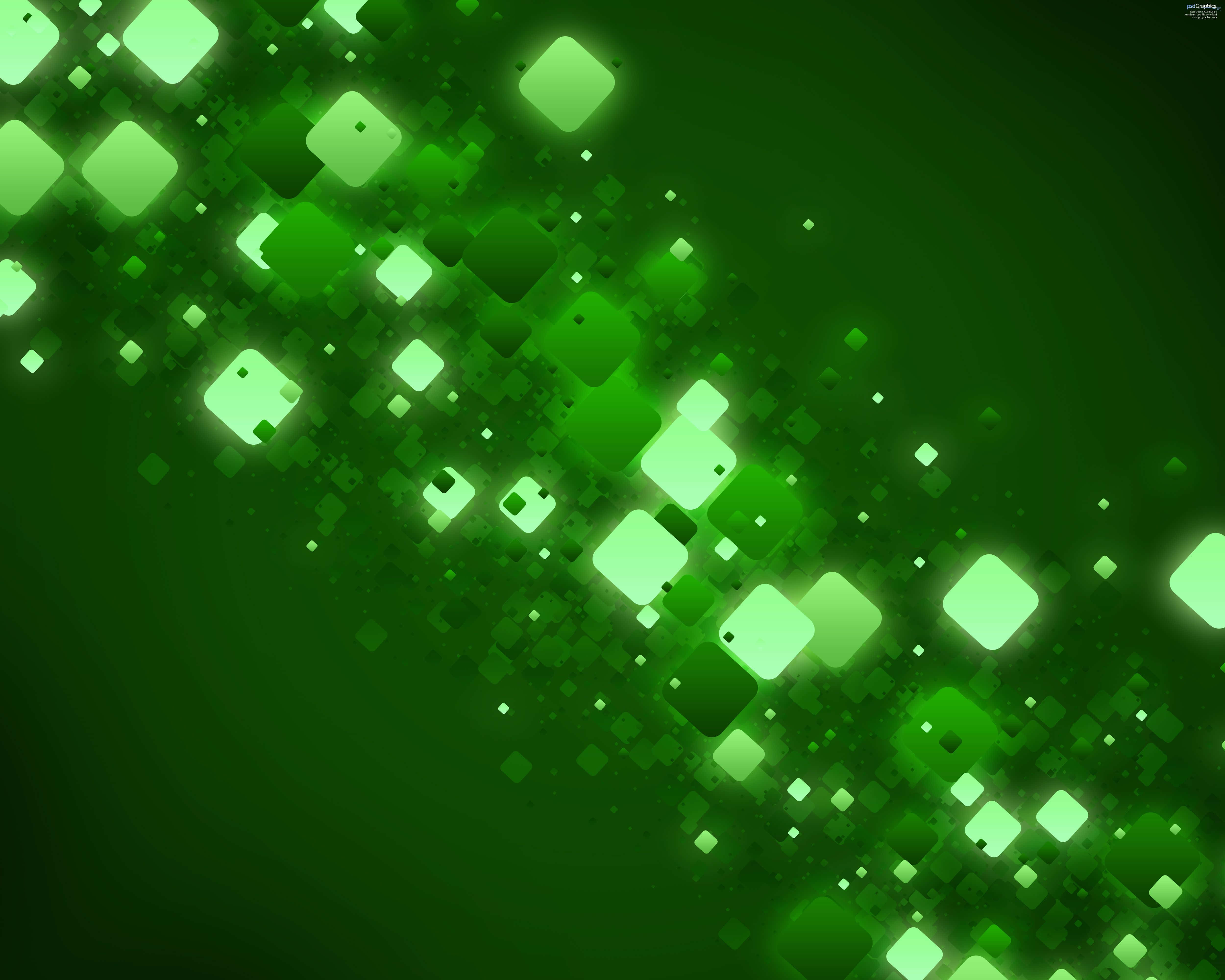 green squares, dark gradient background, glowing green, 4K Desktop Wallpaper