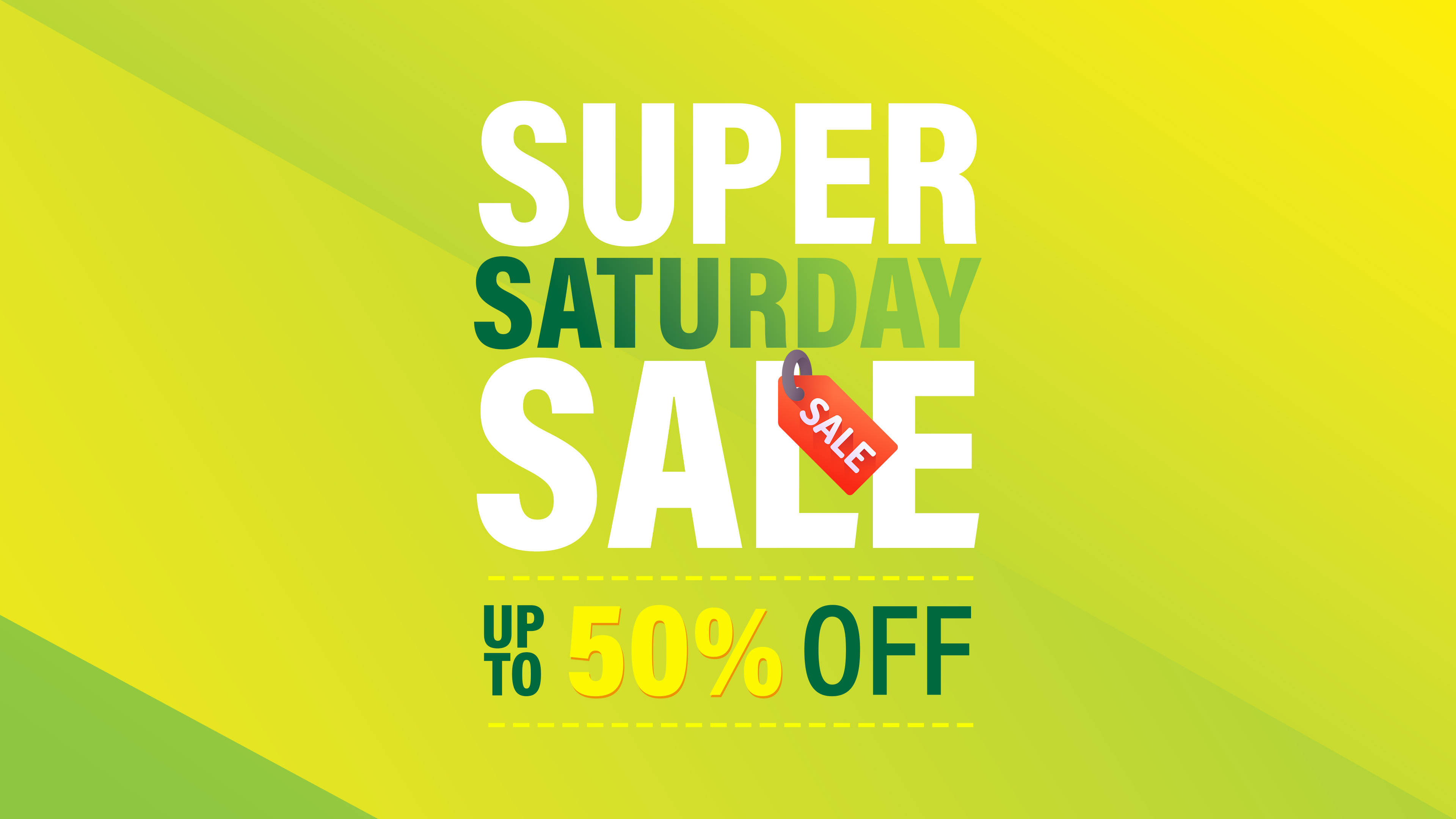 Yellow-Green Super Saturday Sale, vibrant yellow green gradient background, 50% off, 4K Desktop Wallpaper