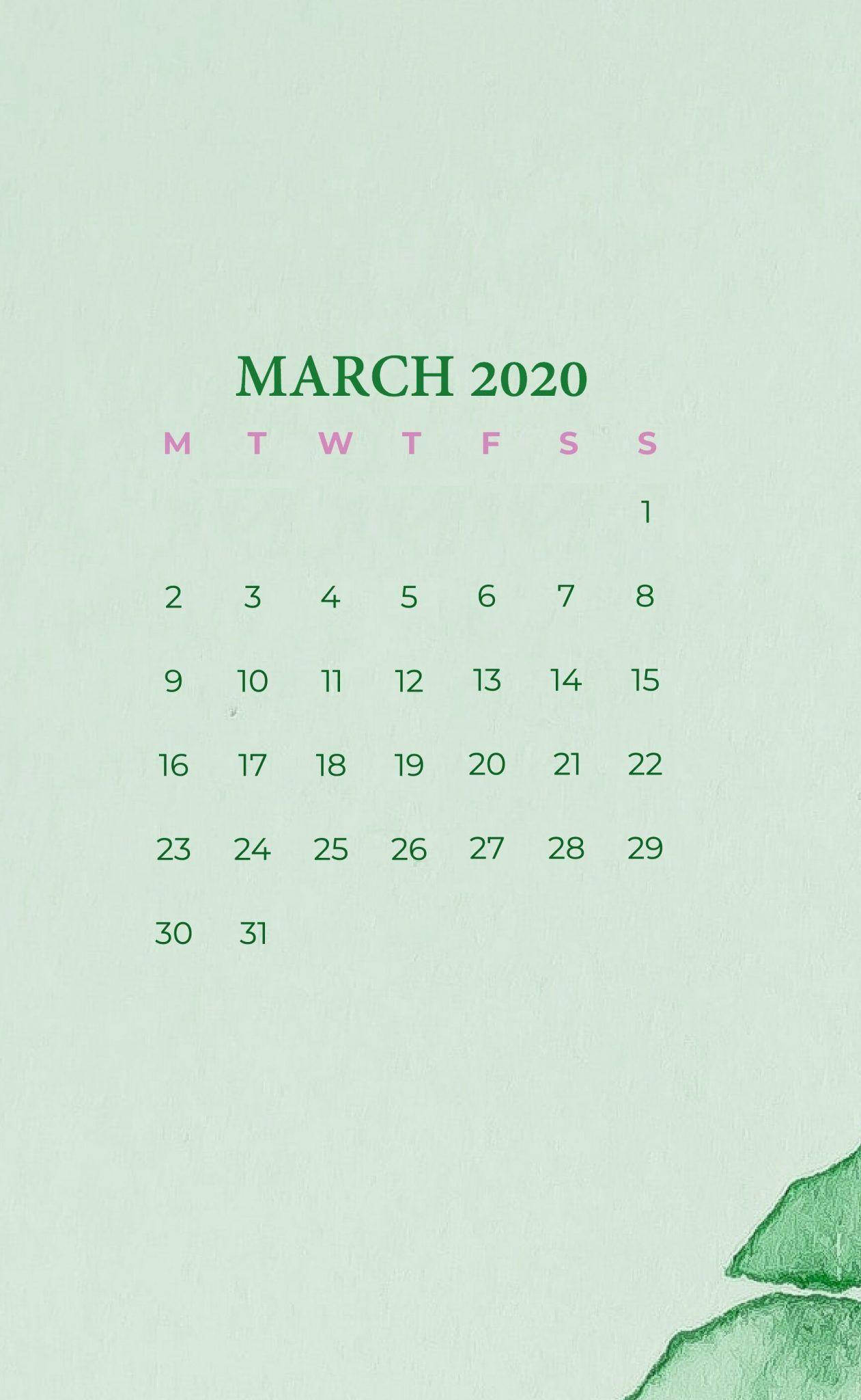 March 2020 calendar, green and pink, textured mint background, Full HD Phone Wallpaper