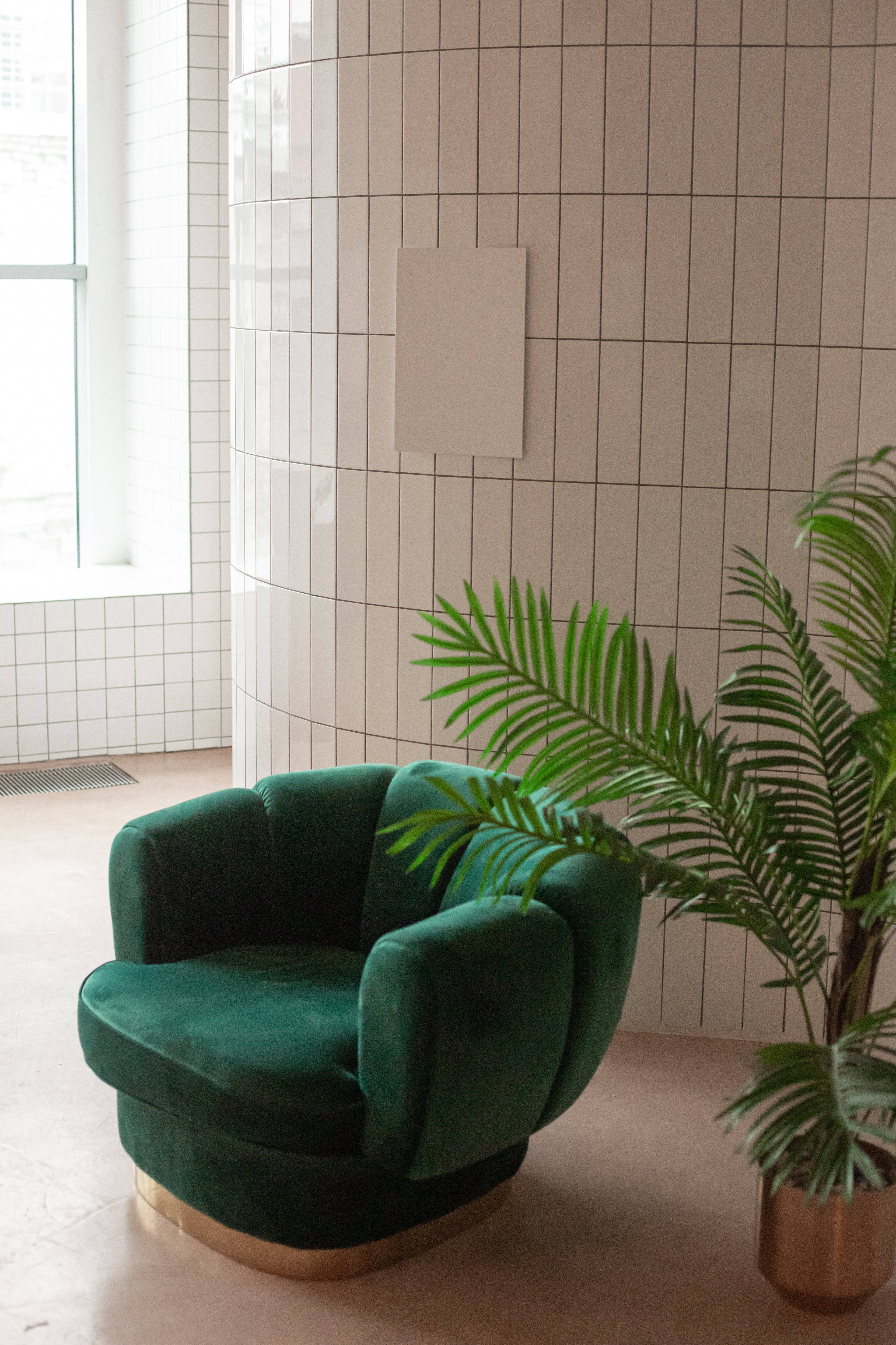 emerald green, armchair, potted palm plant, 5K Phone Wallpaper