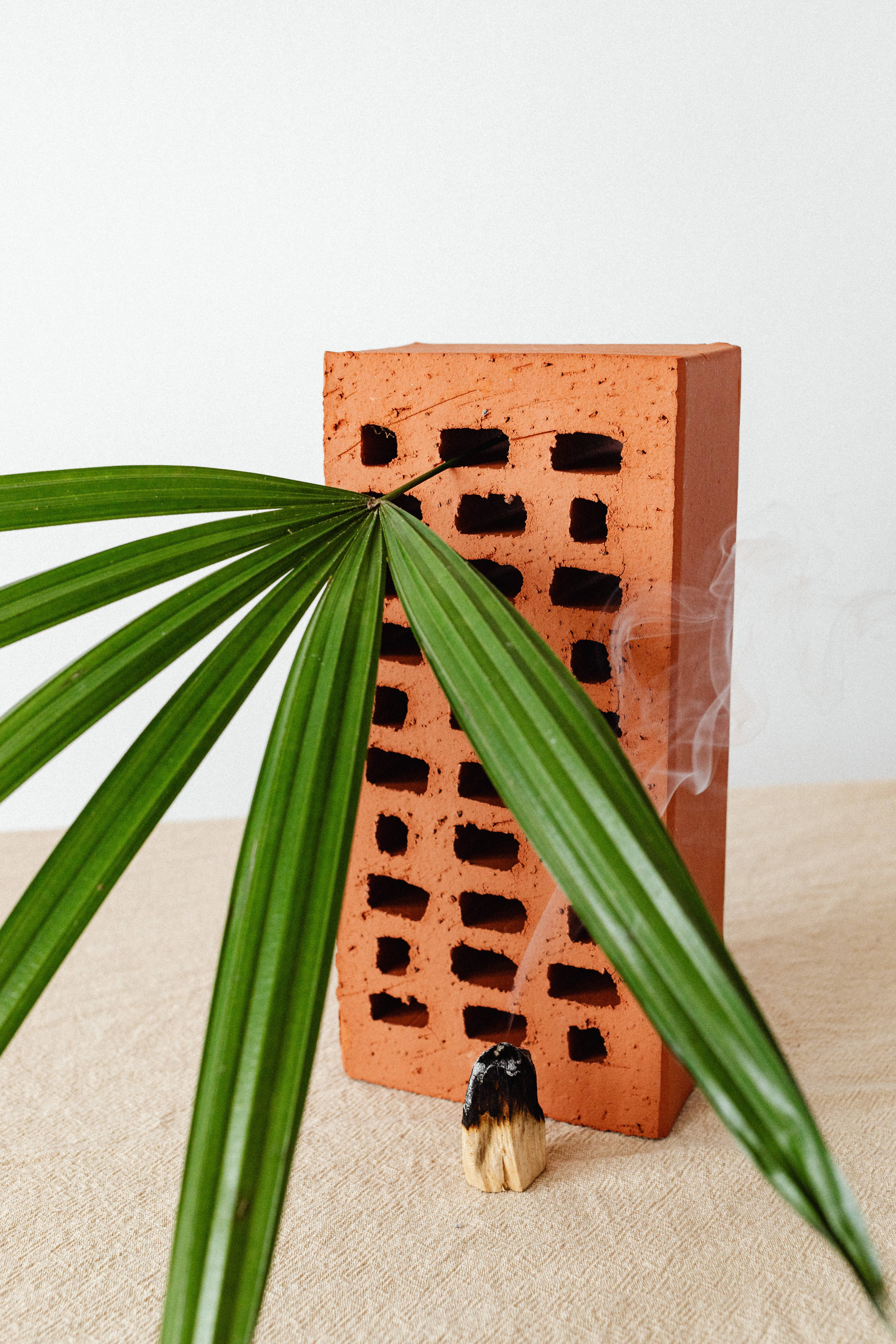 terracotta brick with holes, smoldering incense stick, vibrant green palm leaf, 5K Phone Wallpaper