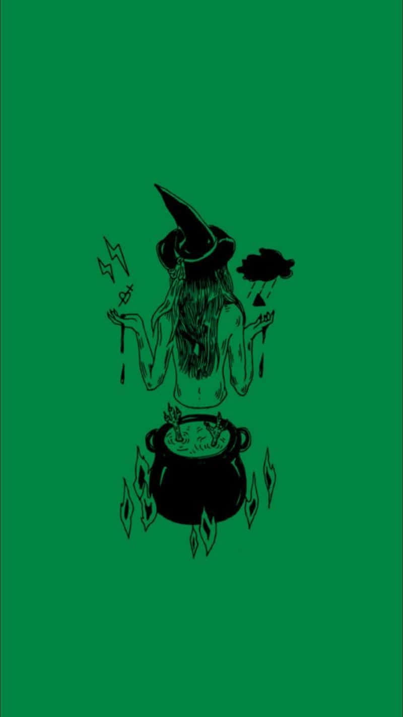 black line-art witch, long hair, pointed hat, HD Phone Wallpaper