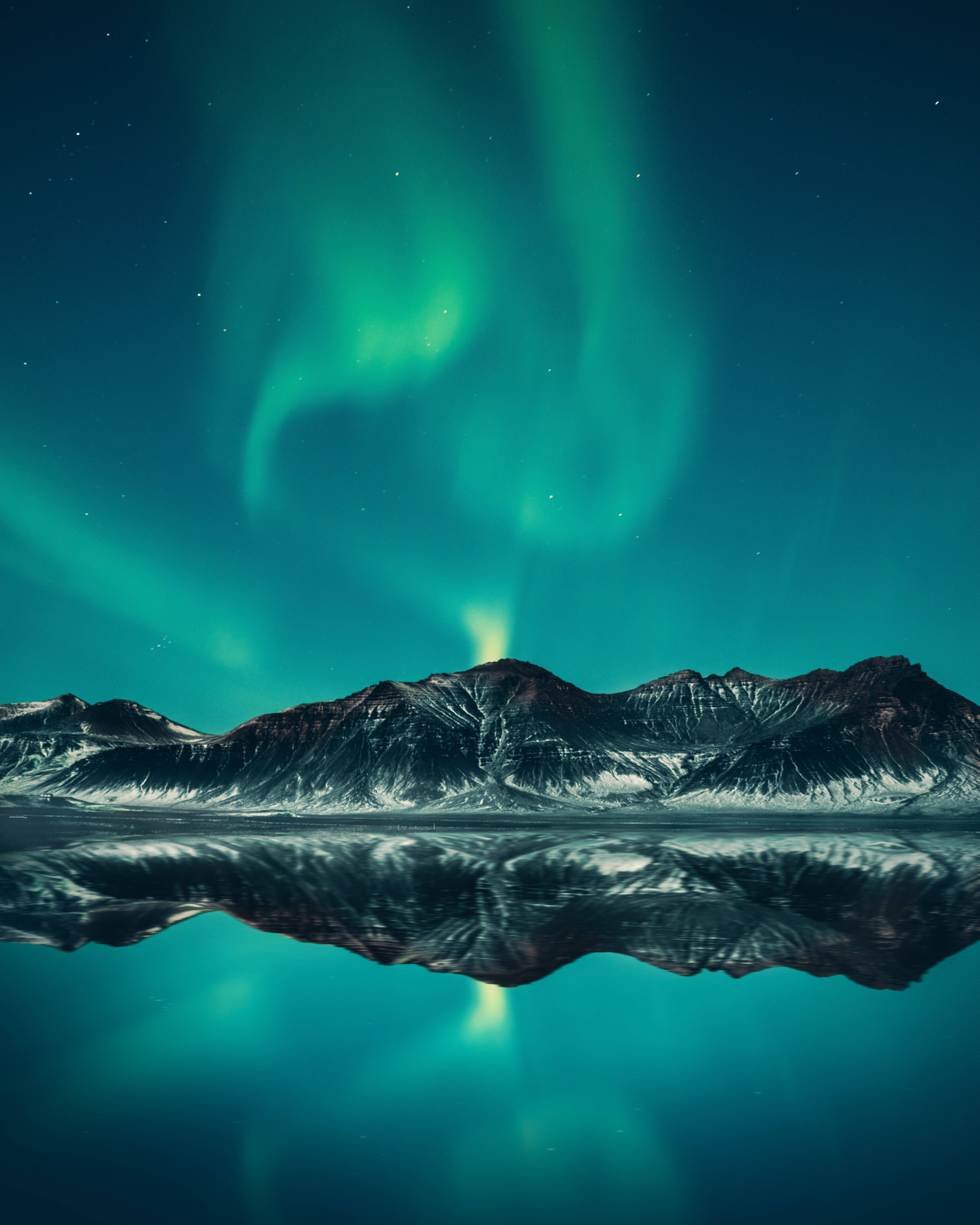 Green Minimalist, aurora borealis, snow-capped mountains, 5K Phone Wallpaper