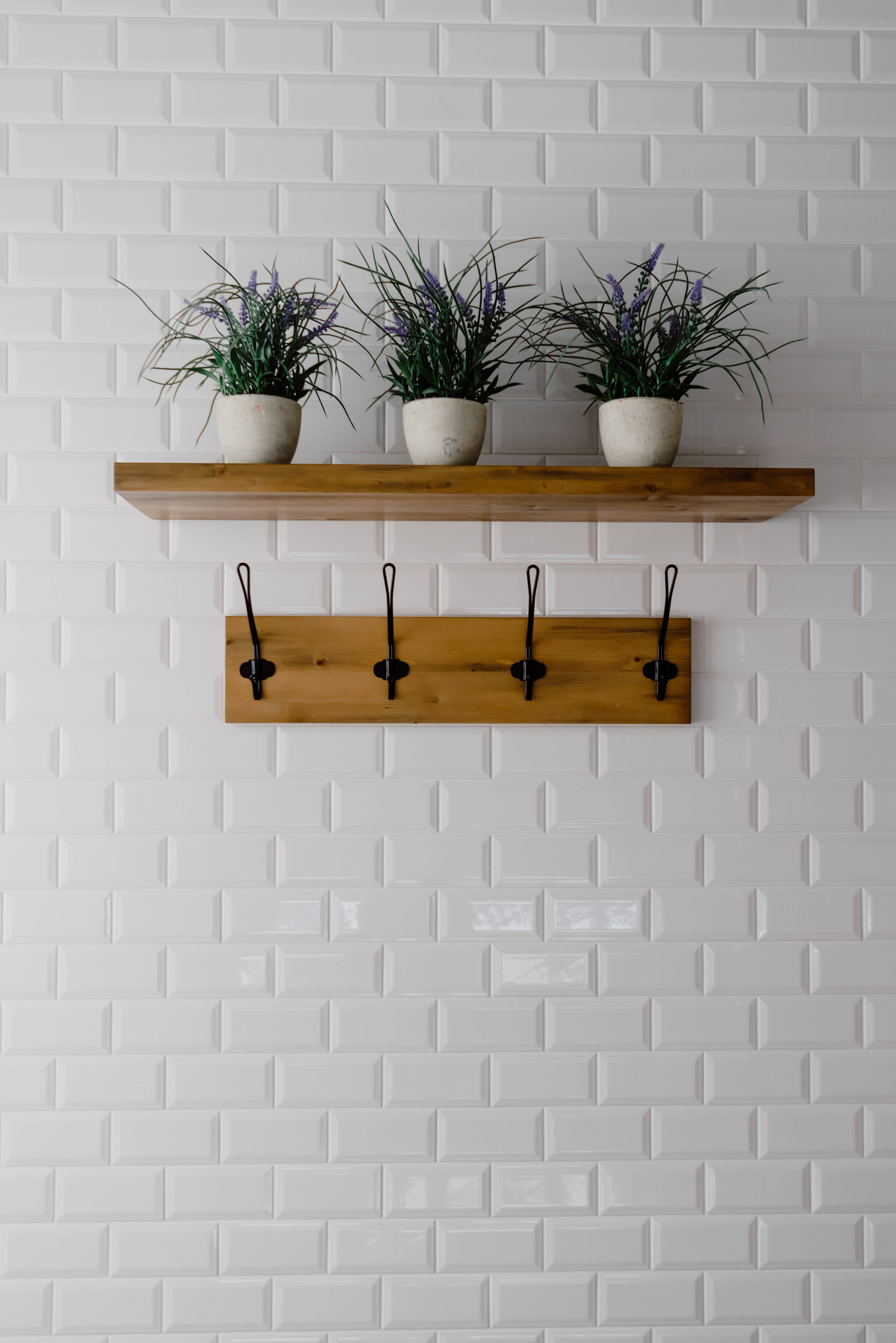 lavender plants, wooden shelf, black hooks, 4K Phone Wallpaper