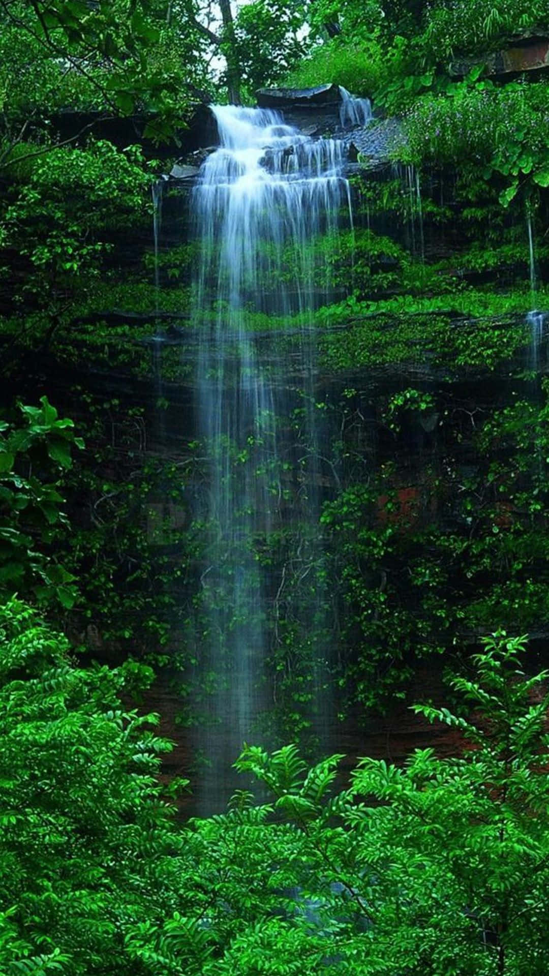 green nature iphone, waterfall, lush green foliage, Full HD Phone Wallpaper