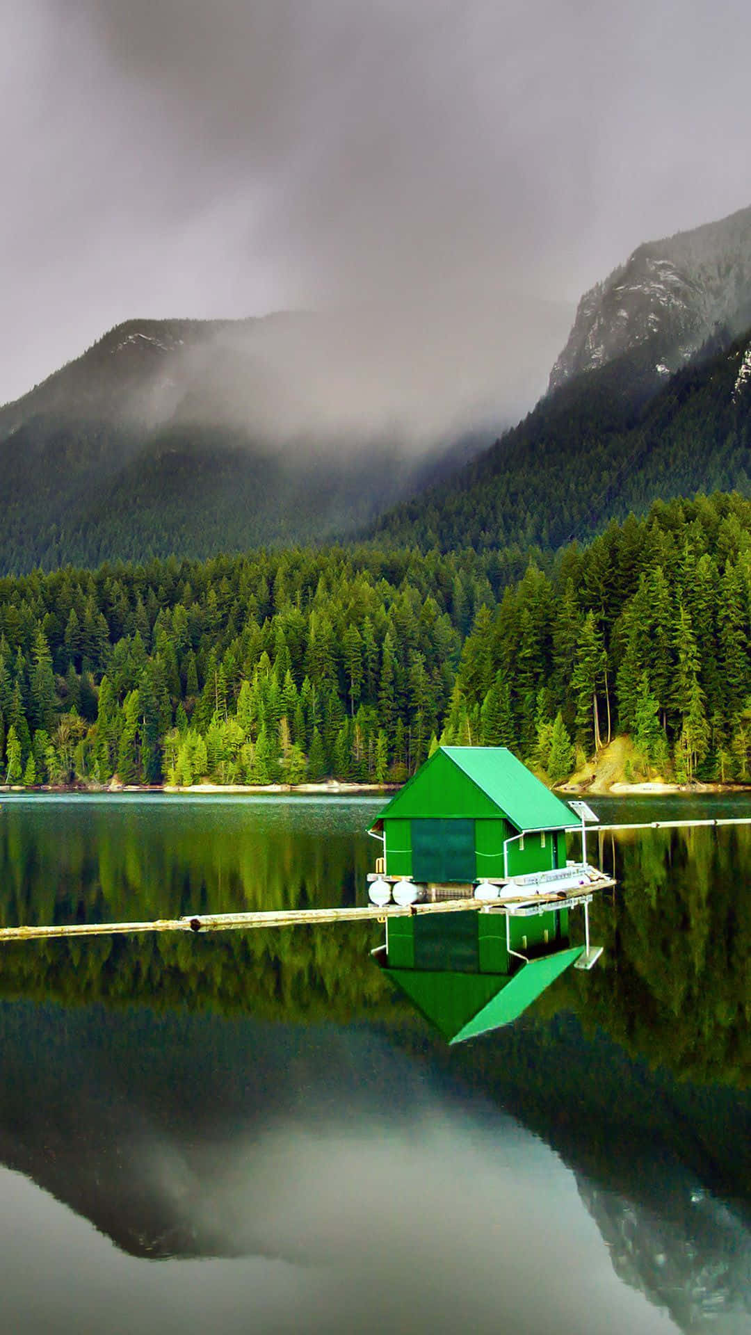 Green Floating House, calm lake, misty mountains, Full HD Phone Wallpaper