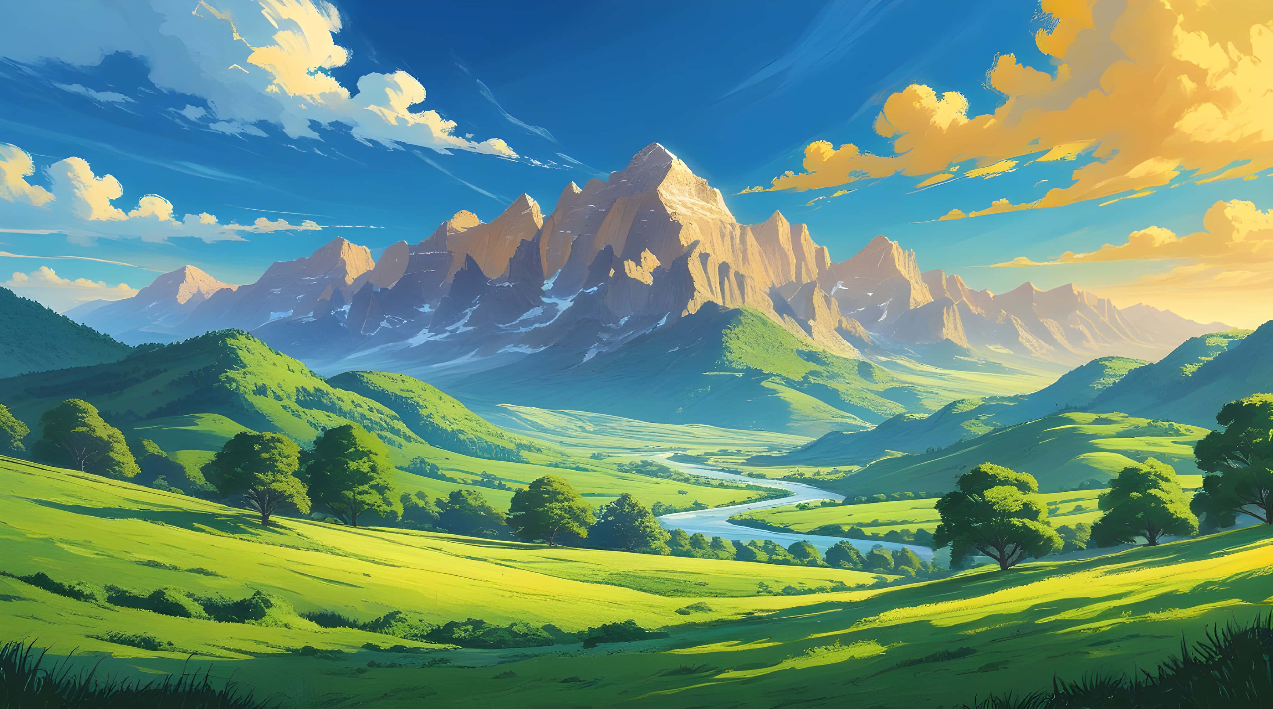 lush green hills, trees, winding river, 4K Desktop Wallpaper
