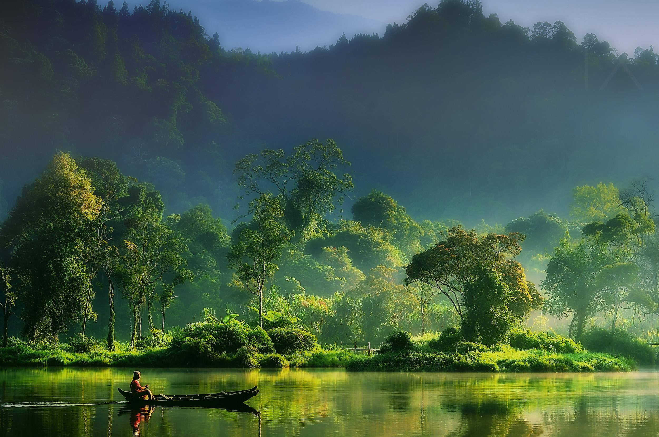 Green Nature, traditional fisherman painting, misty river, Full HD Desktop Wallpaper