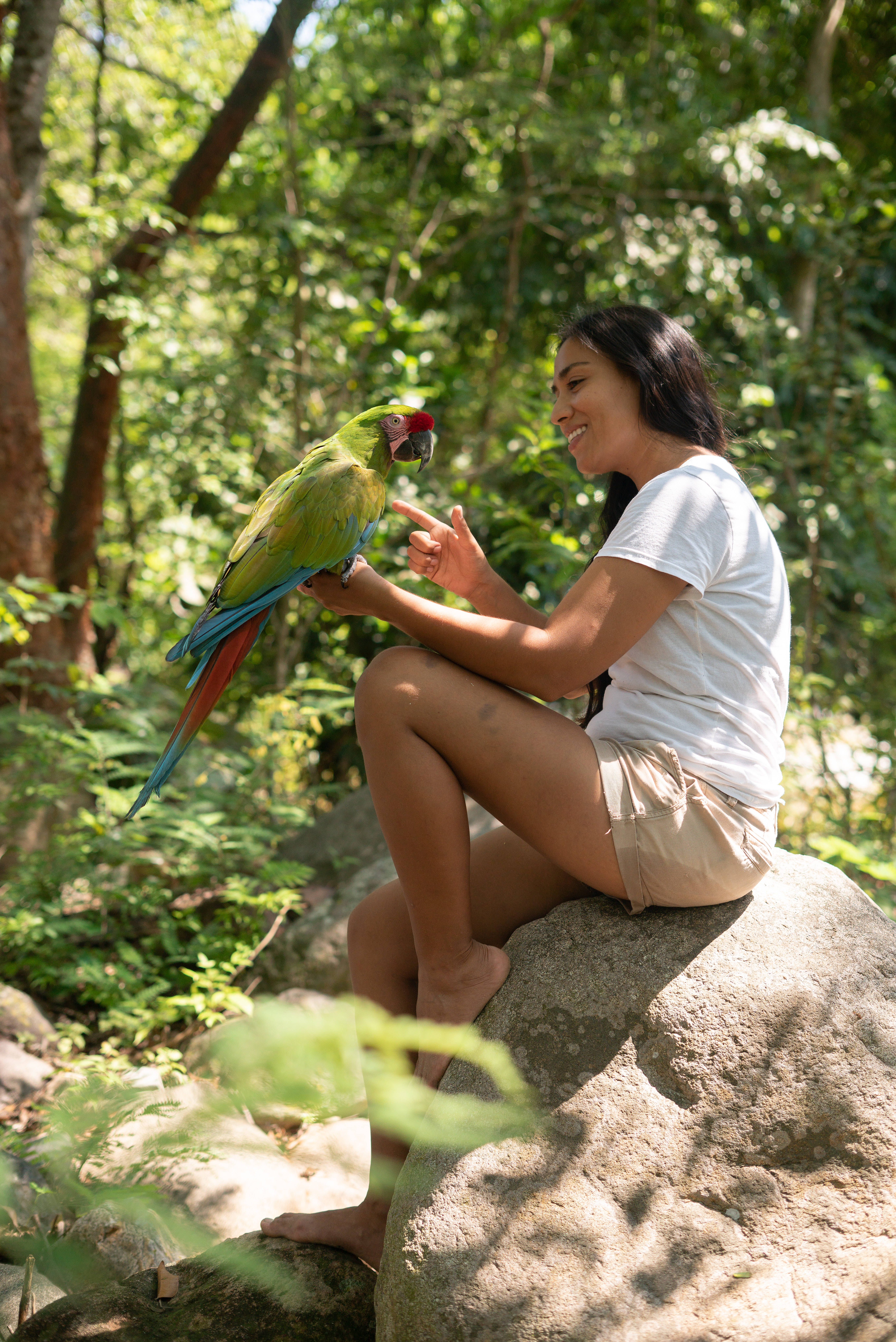 woman, green parrot, colorful macaw, 8K Phone Wallpaper