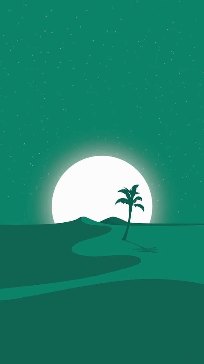 palm tree, glowing full moon, starry teal desert night, SD Phone Wallpaper