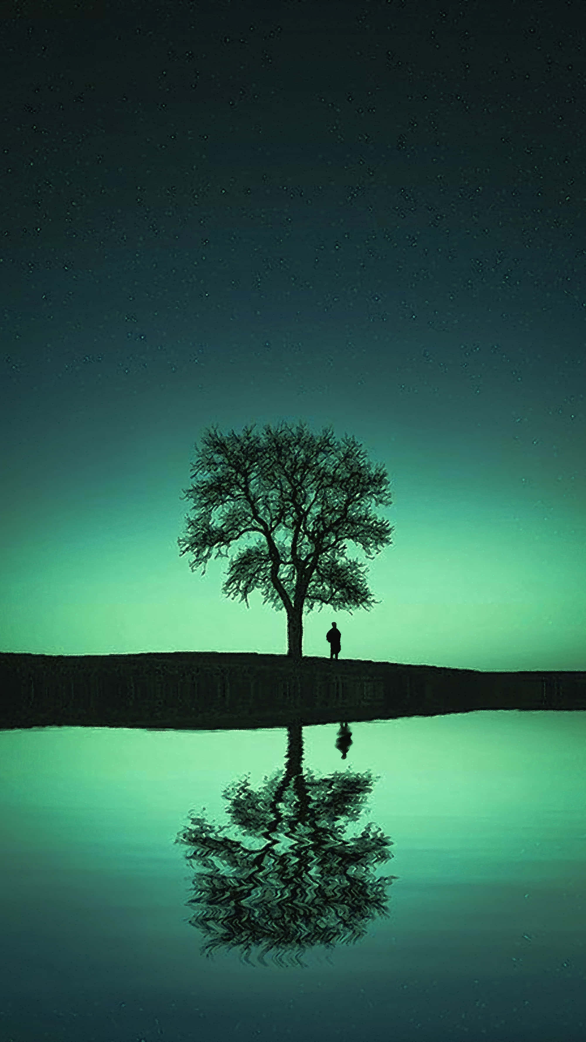 Green Phone, starry teal night sky, cliff edge, 2K Phone Wallpaper