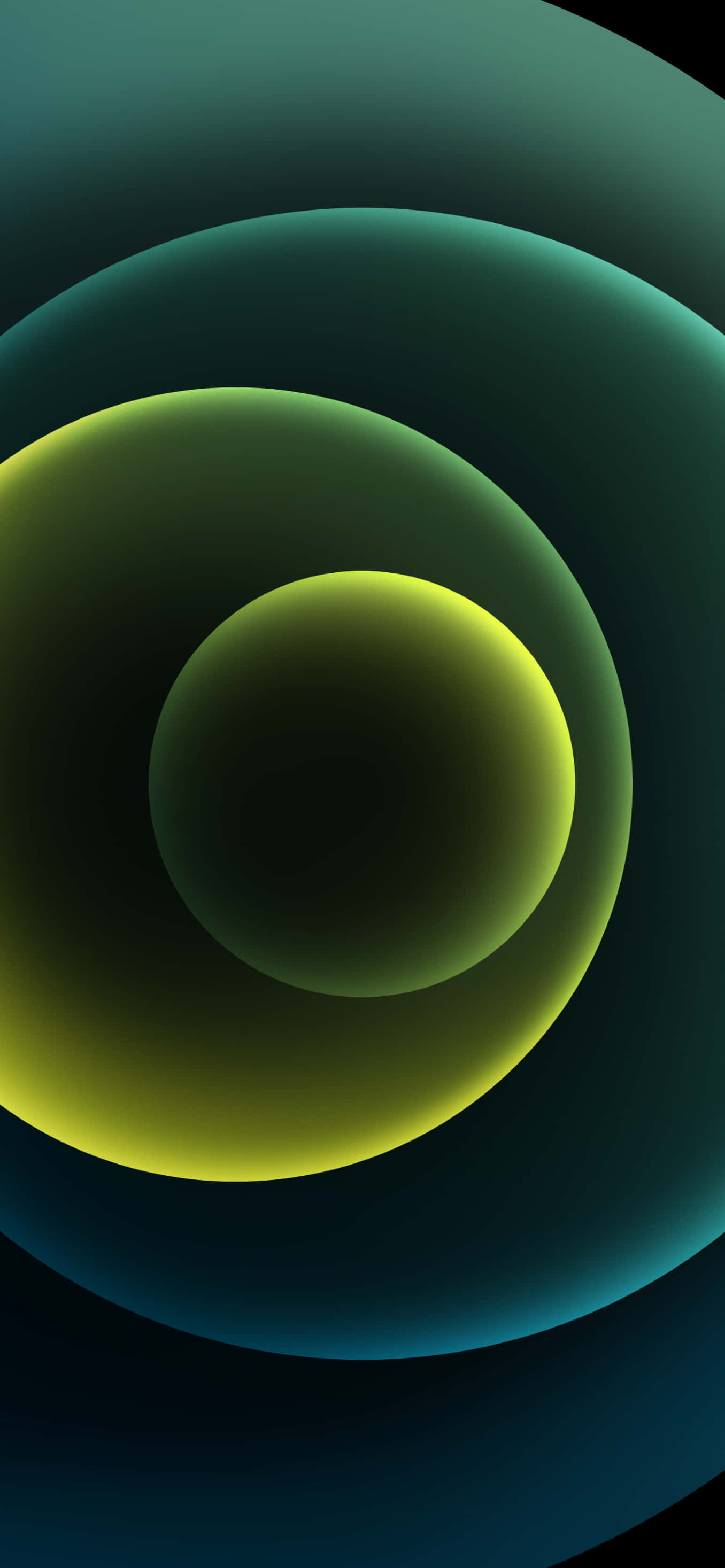 Green Phone, Vibrant glowing yellow, Teal concentric circles, 2K Phone Wallpaper