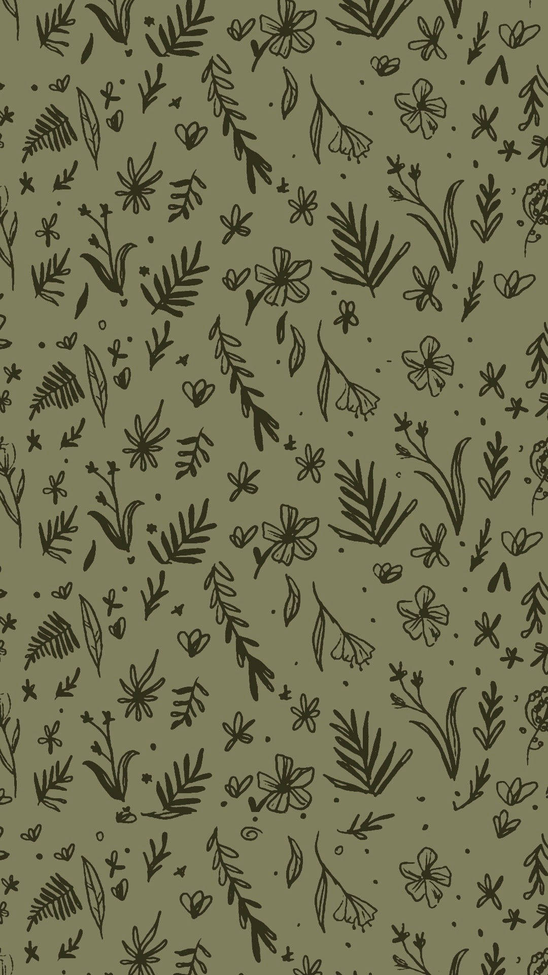 floral green aesthetic phone, hand-drawn botanical sketches, dark brown, Full HD Phone Wallpaper