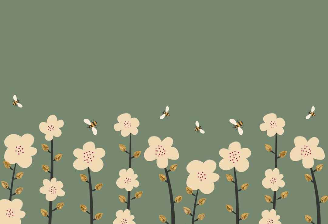 green preppy floral pattern, cream flowers, red centers, SD Desktop Wallpaper