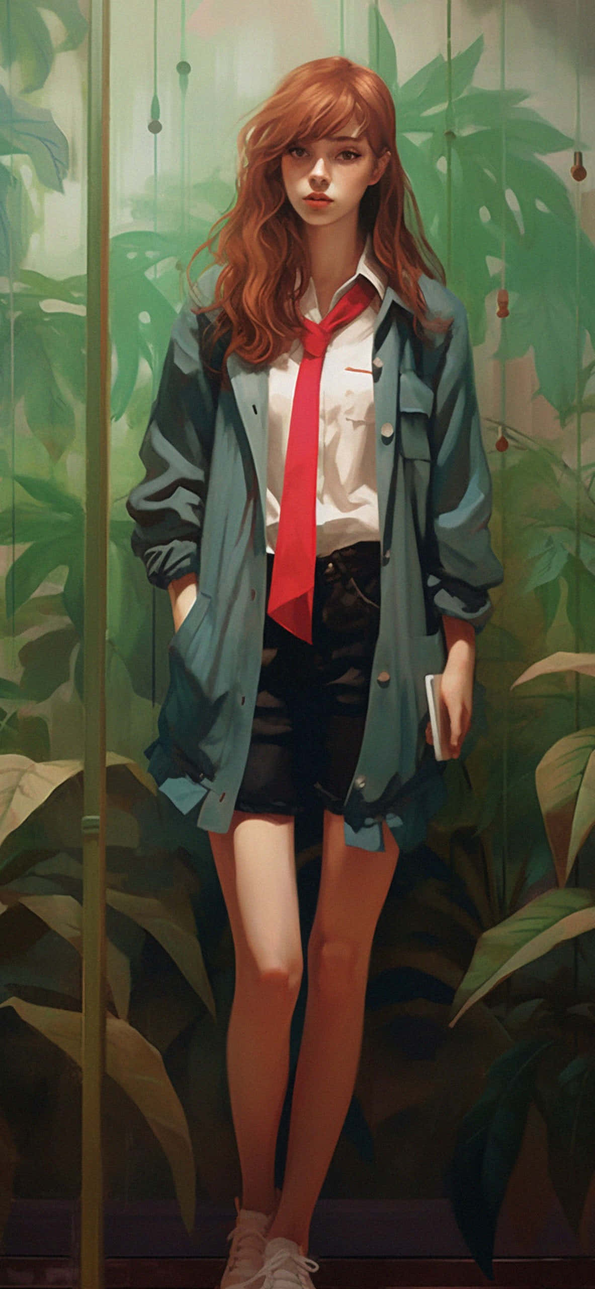 green preppy style, red hair, lush green jungle, 2K Phone Wallpaper