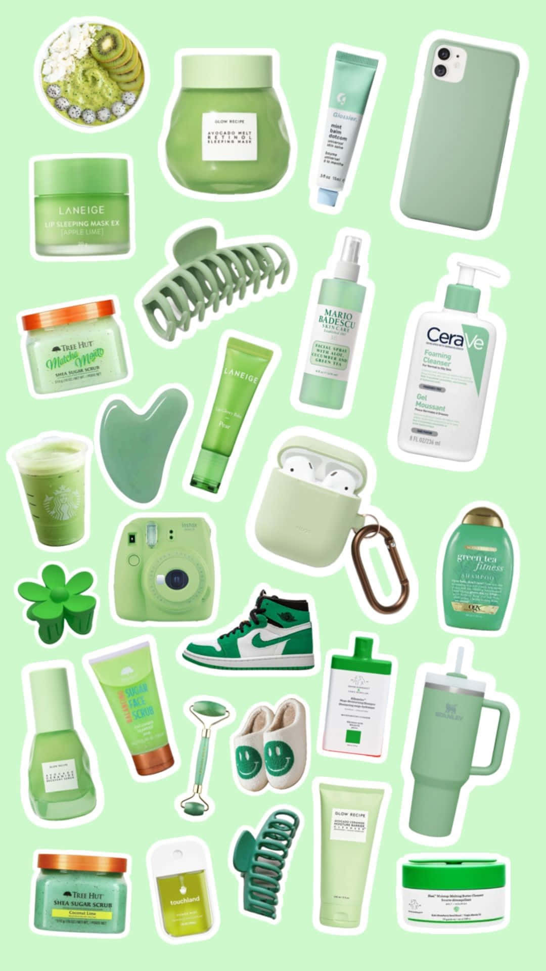 green preppy essentials collage, mint background, green-themed, Full HD Phone Wallpaper