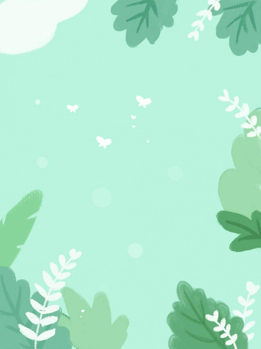 mint green, stylized green leaves, white sprigs, SD Phone Wallpaper