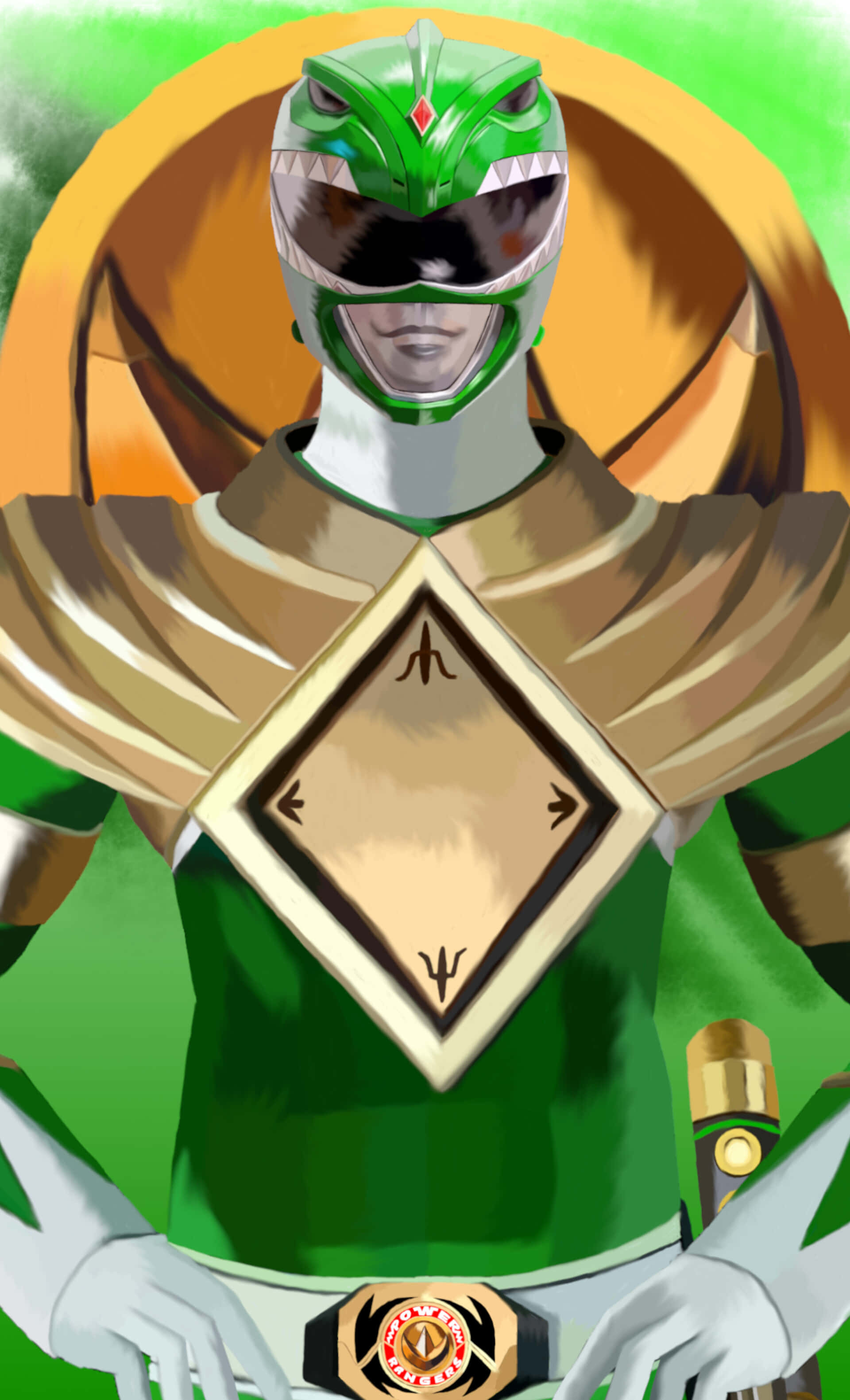 Green Ranger, reptilian helmet, vibrant green and orange gradient background, 2K Phone Wallpaper