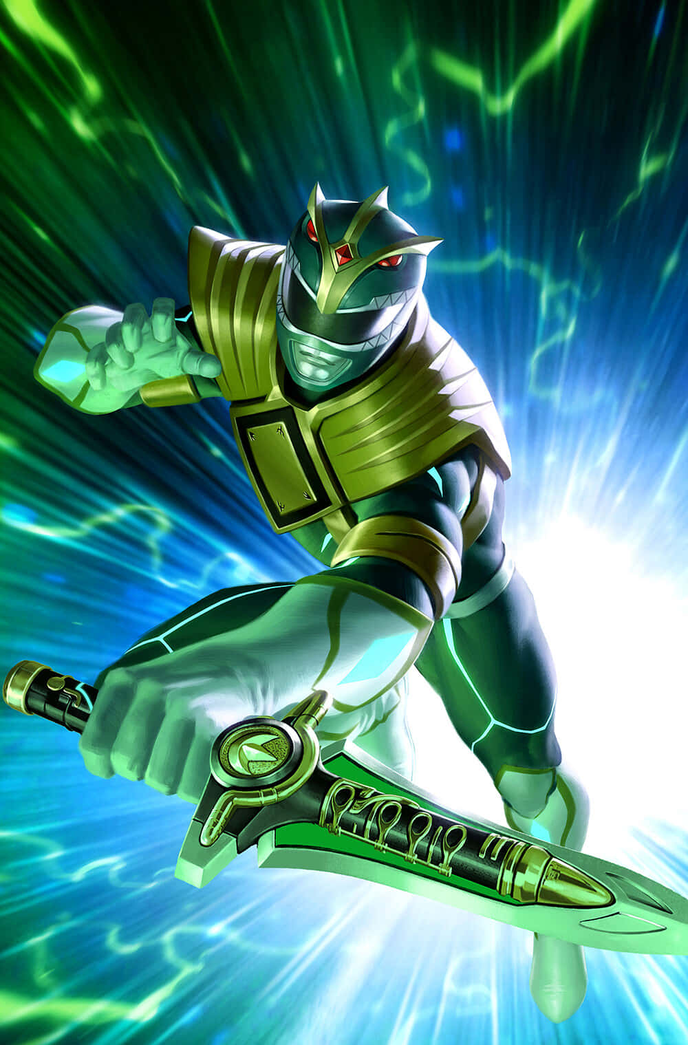Green Ranger, glowing red eyes, glowing sword, HD Phone Wallpaper