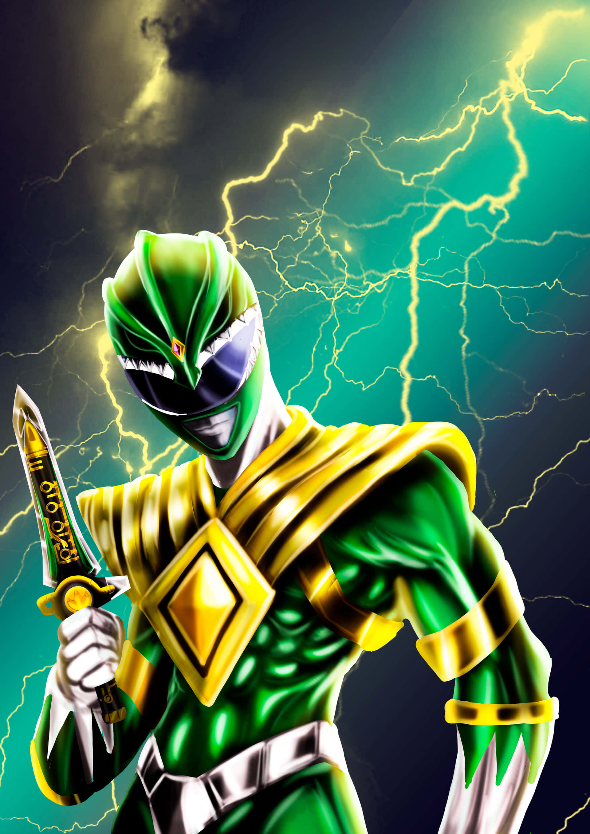 Green Ranger, green and gold armor, sword, 2K Phone Wallpaper