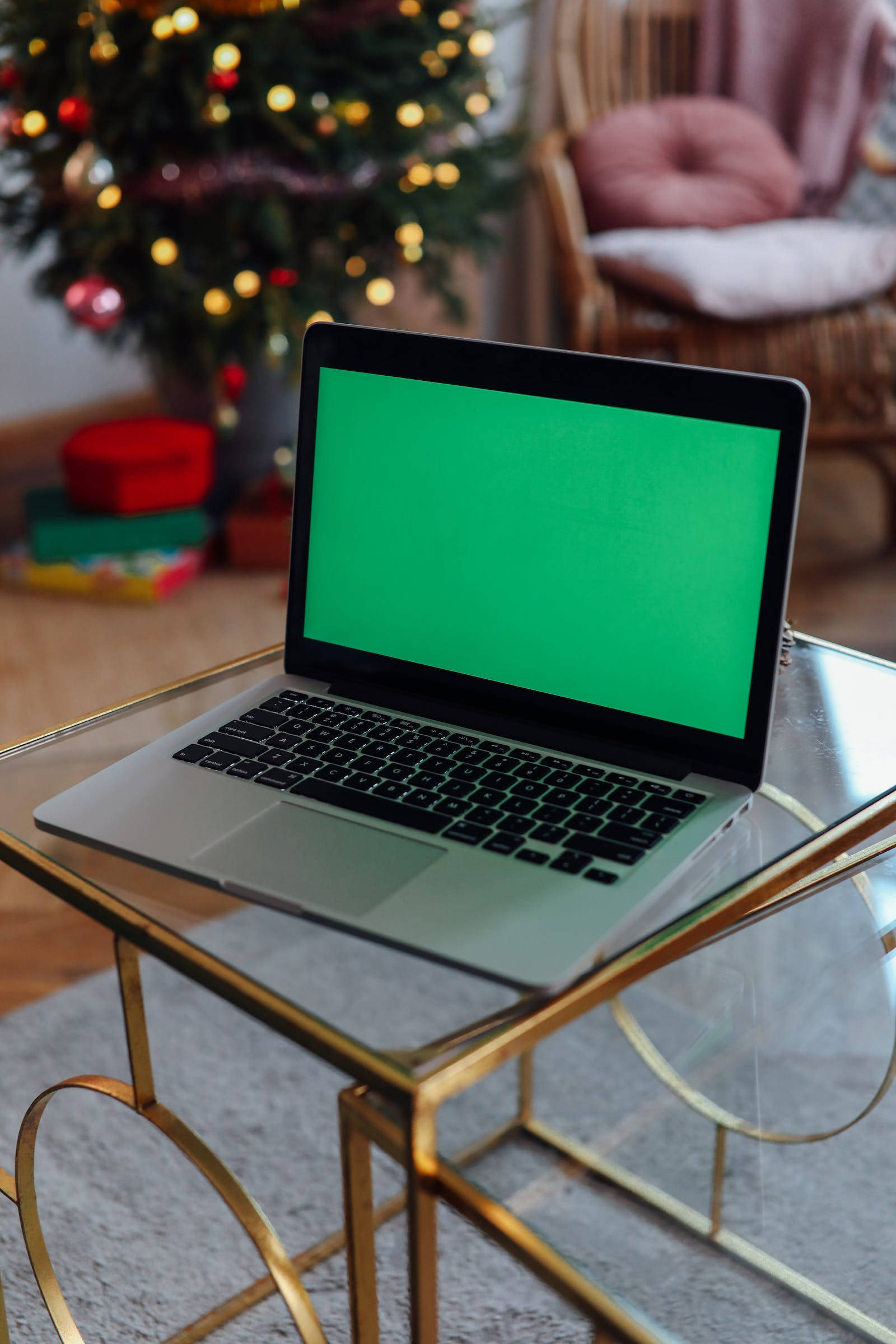 green screen laptop, glass and gold table, Christmas tree, Full HD Phone Wallpaper