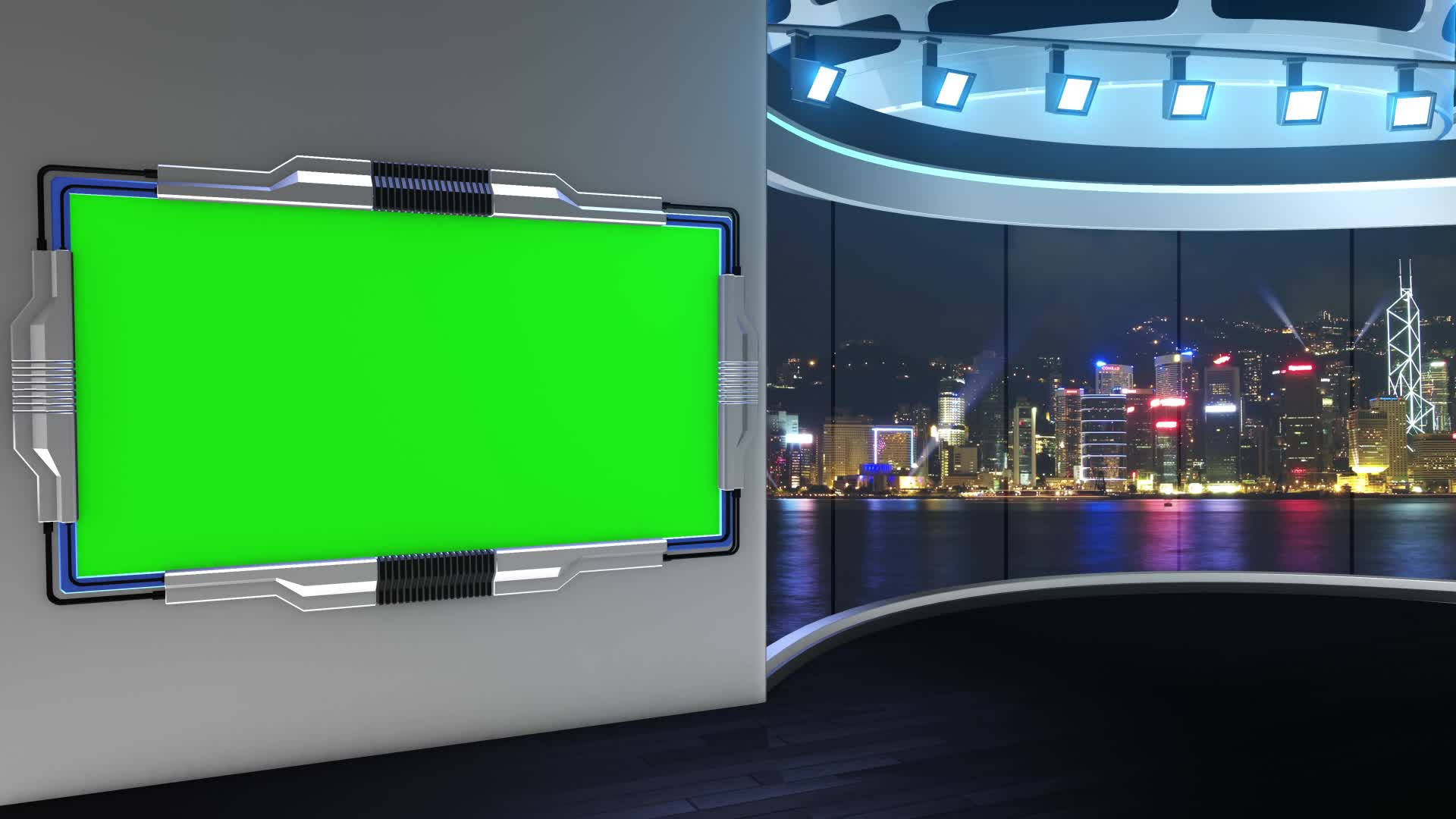 green screen, futuristic news studio, glowing cityscape, Full HD Desktop Wallpaper