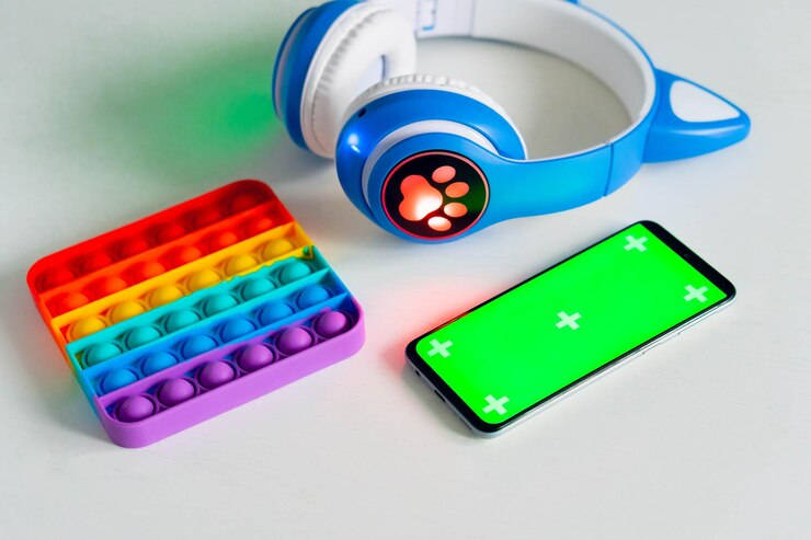 green-screen phone, vibrant blue cat-ear headphones, glowing paw print, SD Desktop Wallpaper
