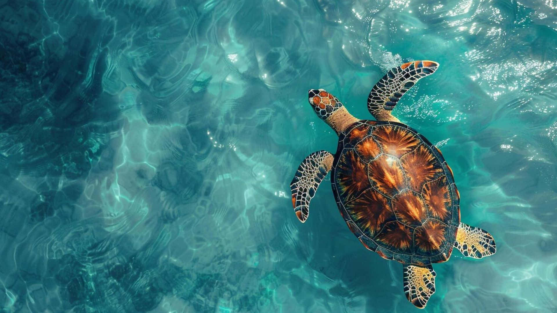 sea turtle, patterned shell, sunlit turquoise water, Full HD Desktop Wallpaper
