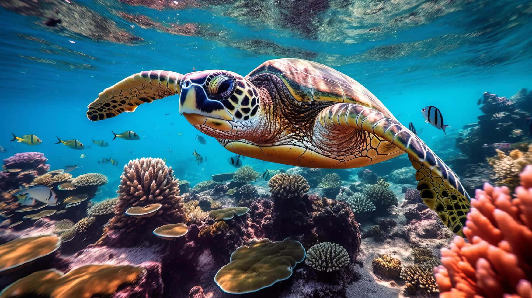 Green Sea Turtle, coral reef, tropical fish, HD Desktop Wallpaper