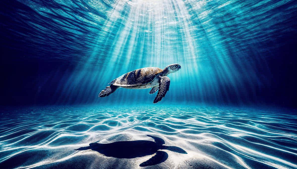 Green Sea Turtle, clear blue water, sunbeams, SD Desktop Wallpaper