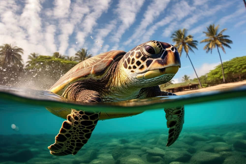Green Sea Turtle, tropical beach, palm trees, SD Desktop Wallpaper