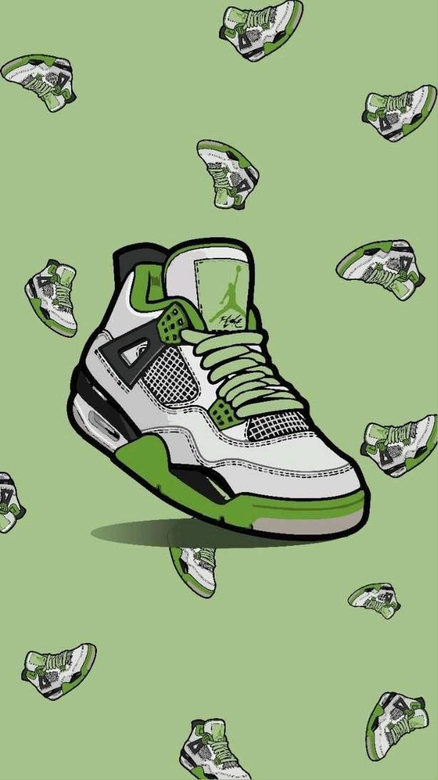green and white sneaker, white dots, repeating pattern of identical shoes, SD Phone Wallpaper