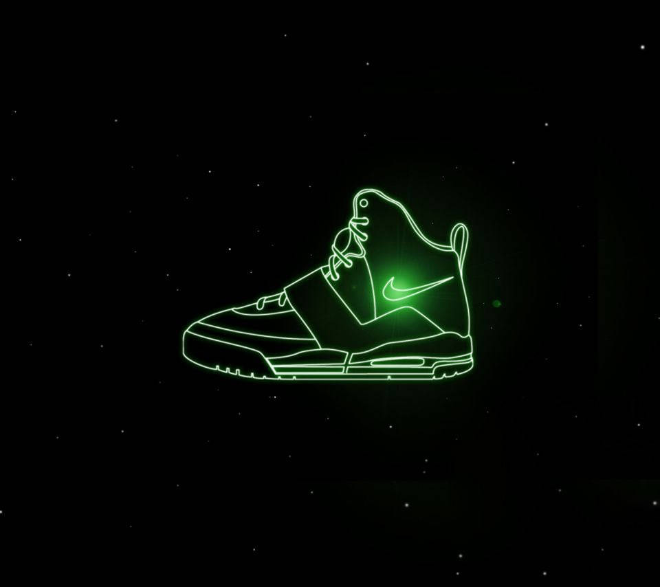 Nike sneaker, glowing green neon outline, starry black night sky, SD Desktop Wallpaper