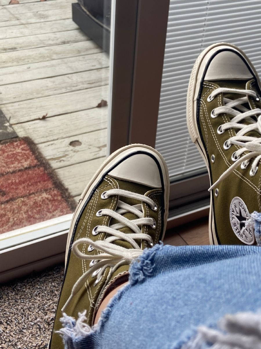 Olive green Converse sneakers, white laces, windowsill, SD Phone Wallpaper